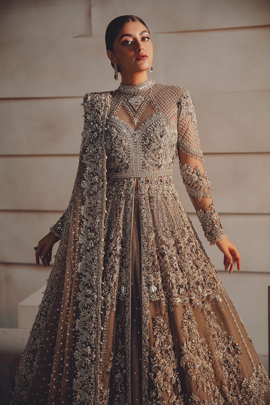 Indian Grey Embellished Net Bridal Peshwas Lehenga (3-Piece) - Image 4