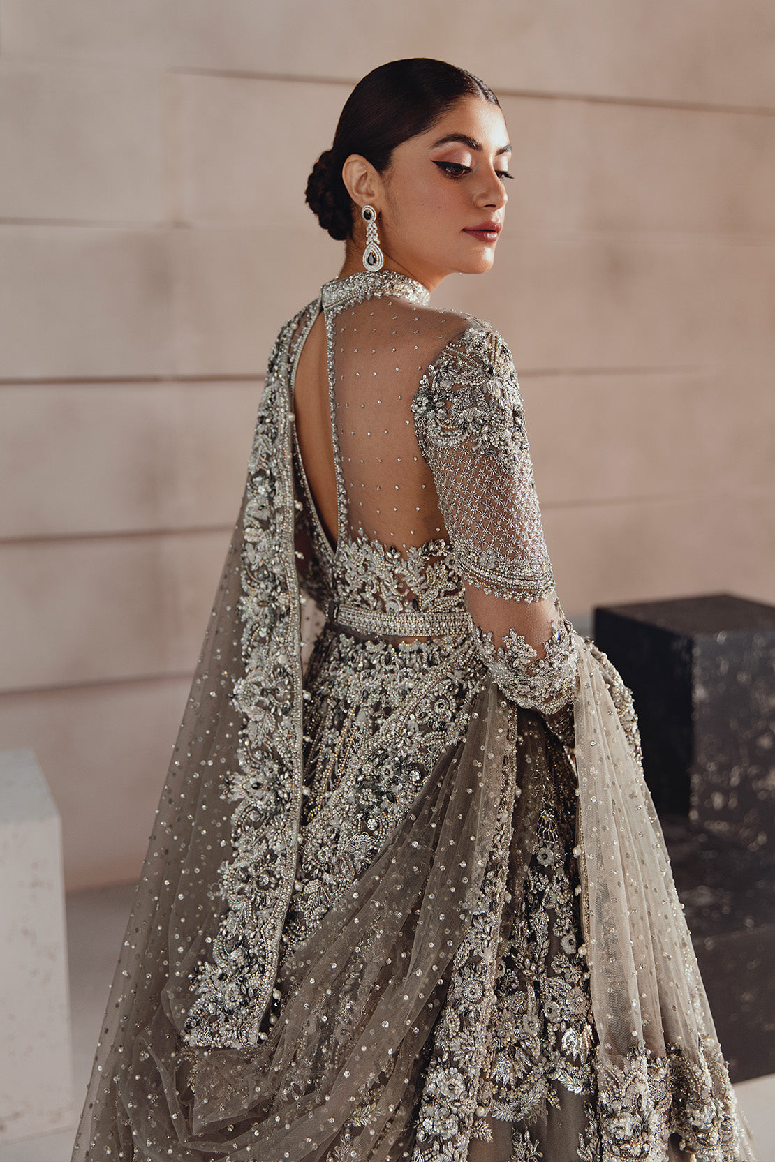 Grey Embellished Net Bridal Peshwas Lehenga (3-Piece) - Image 3