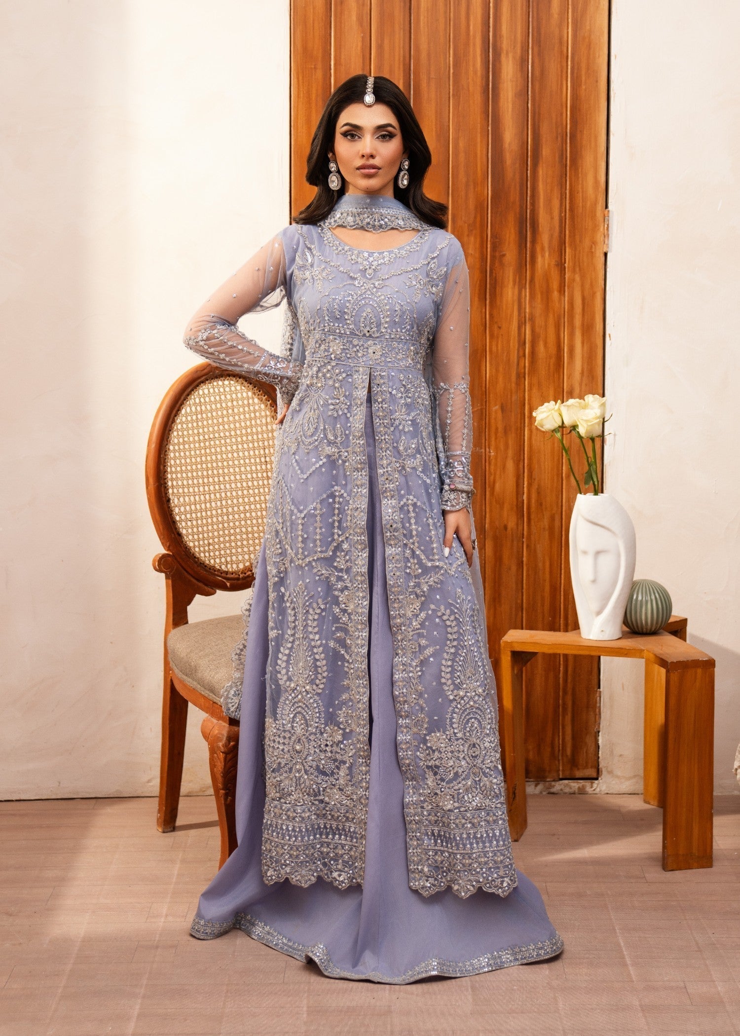 Pakistani Steel Grey Embroidered Net Long Shirt Lehenga (3-Piece) - Image 1