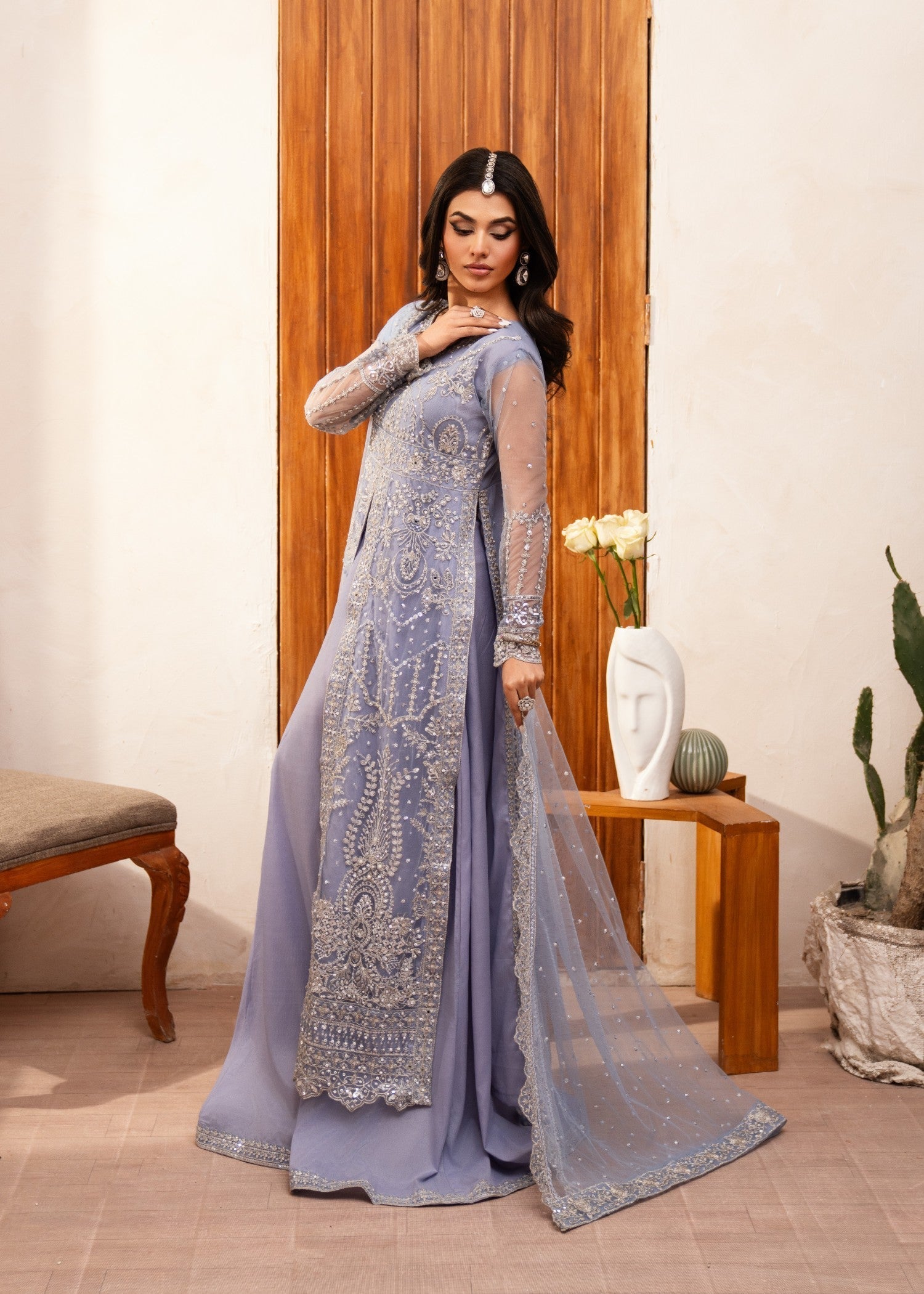 Pakistani Steel Grey Embroidered Net Long Shirt Lehenga (3-Piece) - Image 3