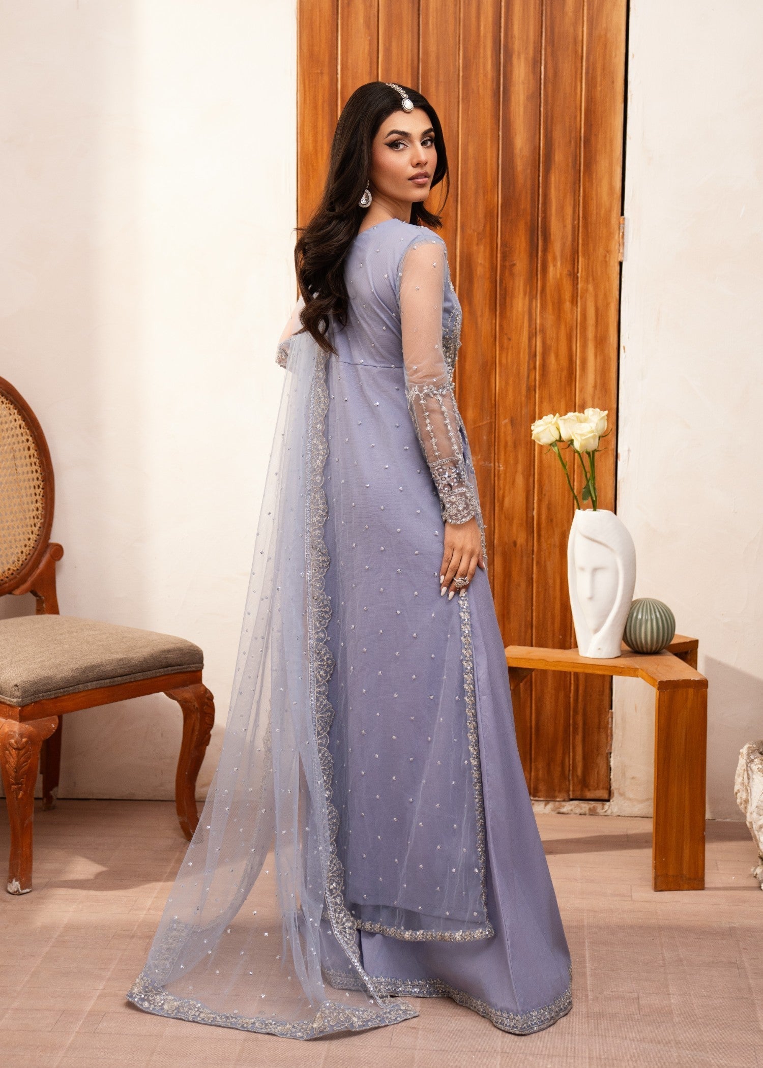 Pakistani Steel Grey Embroidered Net Long Shirt Lehenga (3-Piece) - Image 4