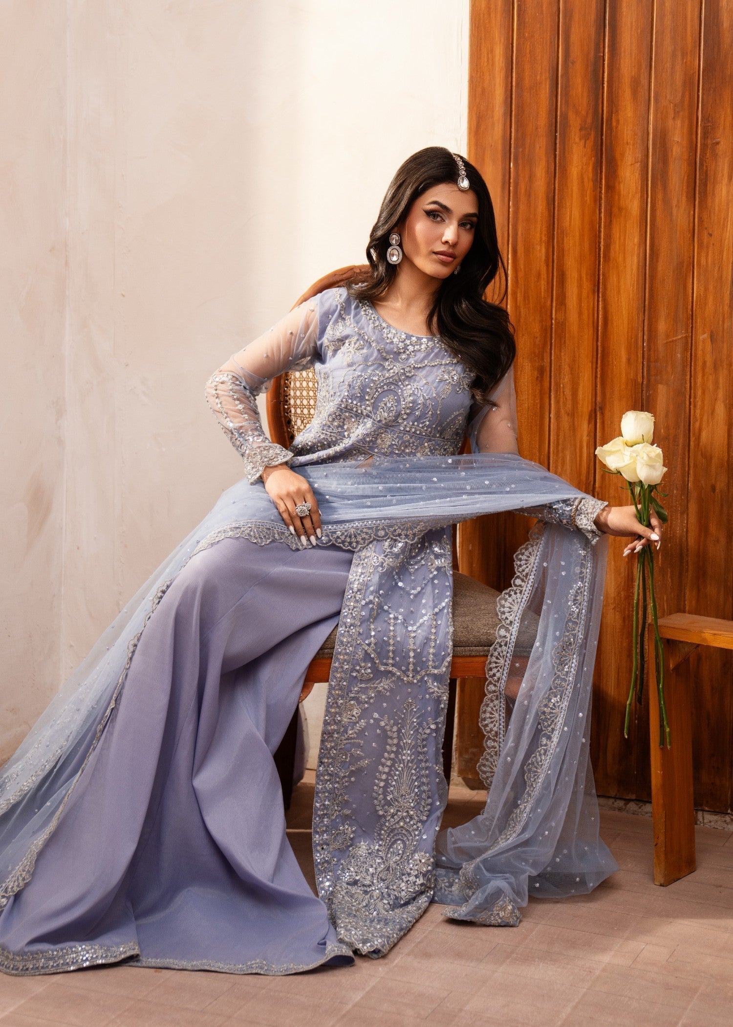 Pakistani Steel Grey Embroidered Net Long Shirt Lehenga (3-Piece) - Image 5