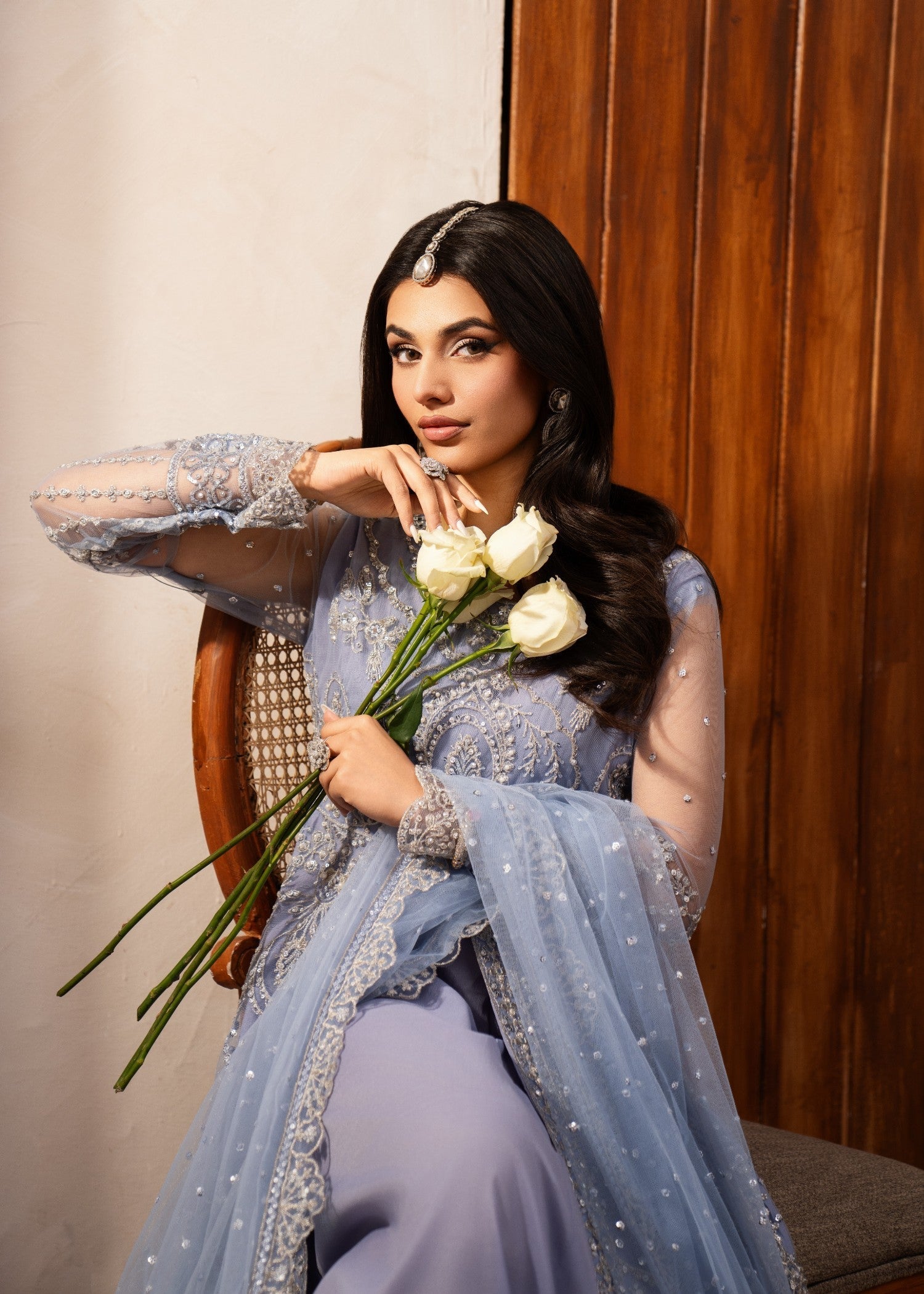 Pakistani Steel Grey Embroidered Net Long Shirt Lehenga (3-Piece) - Image 7