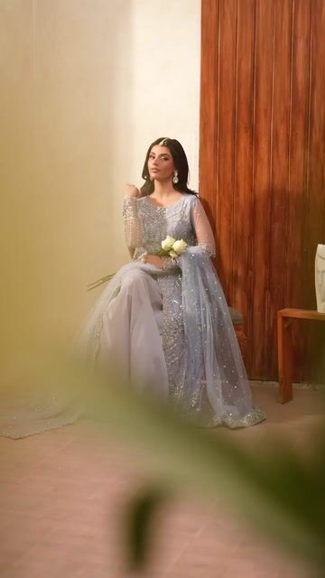 Pakistani Steel Grey Embroidered Net Long Shirt Lehenga (3-Piece) - Image 9