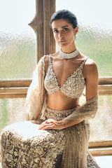 Indian Ash Grey Embroidered Net Lehenga Set (3-Piece) - Image 5