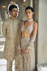 Indian Ash Grey Embroidered Net Lehenga Set (3-Piece) - Image 9