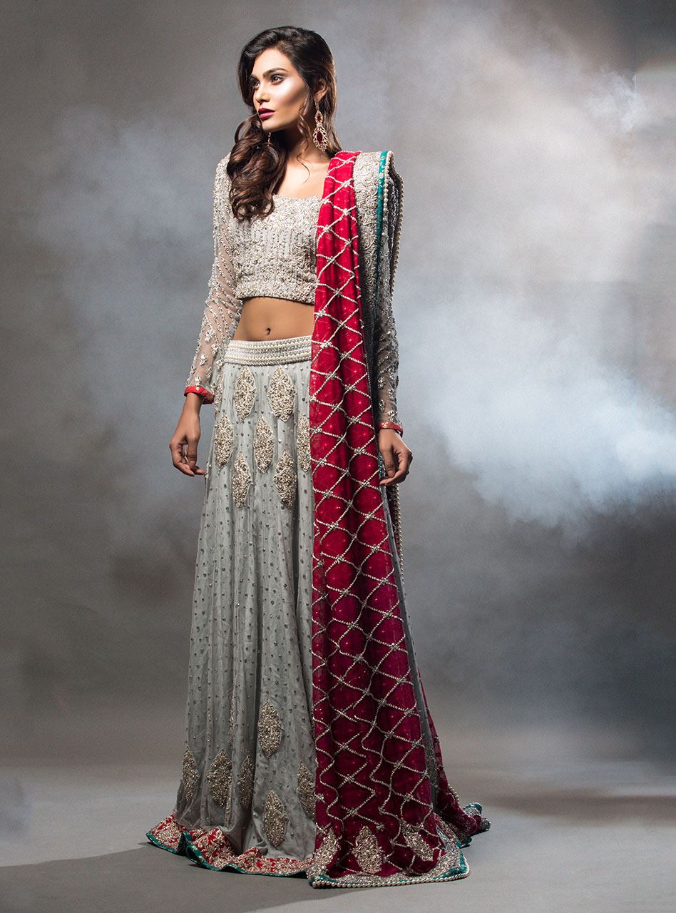Pakistani Ash Grey Embellished Net Lehenga Choli (3-Piece) - Image 1