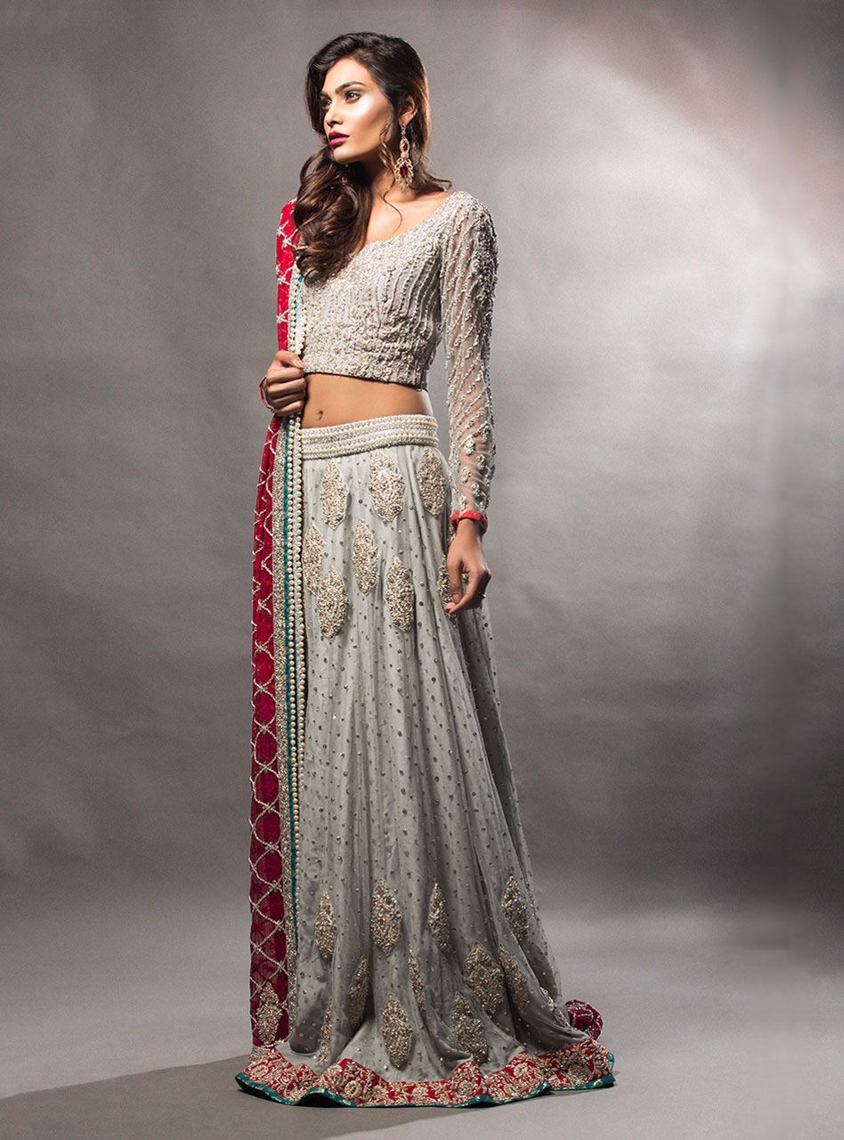 Pakistani Ash Grey Embellished Net Lehenga Choli (3-Piece) - Image 2