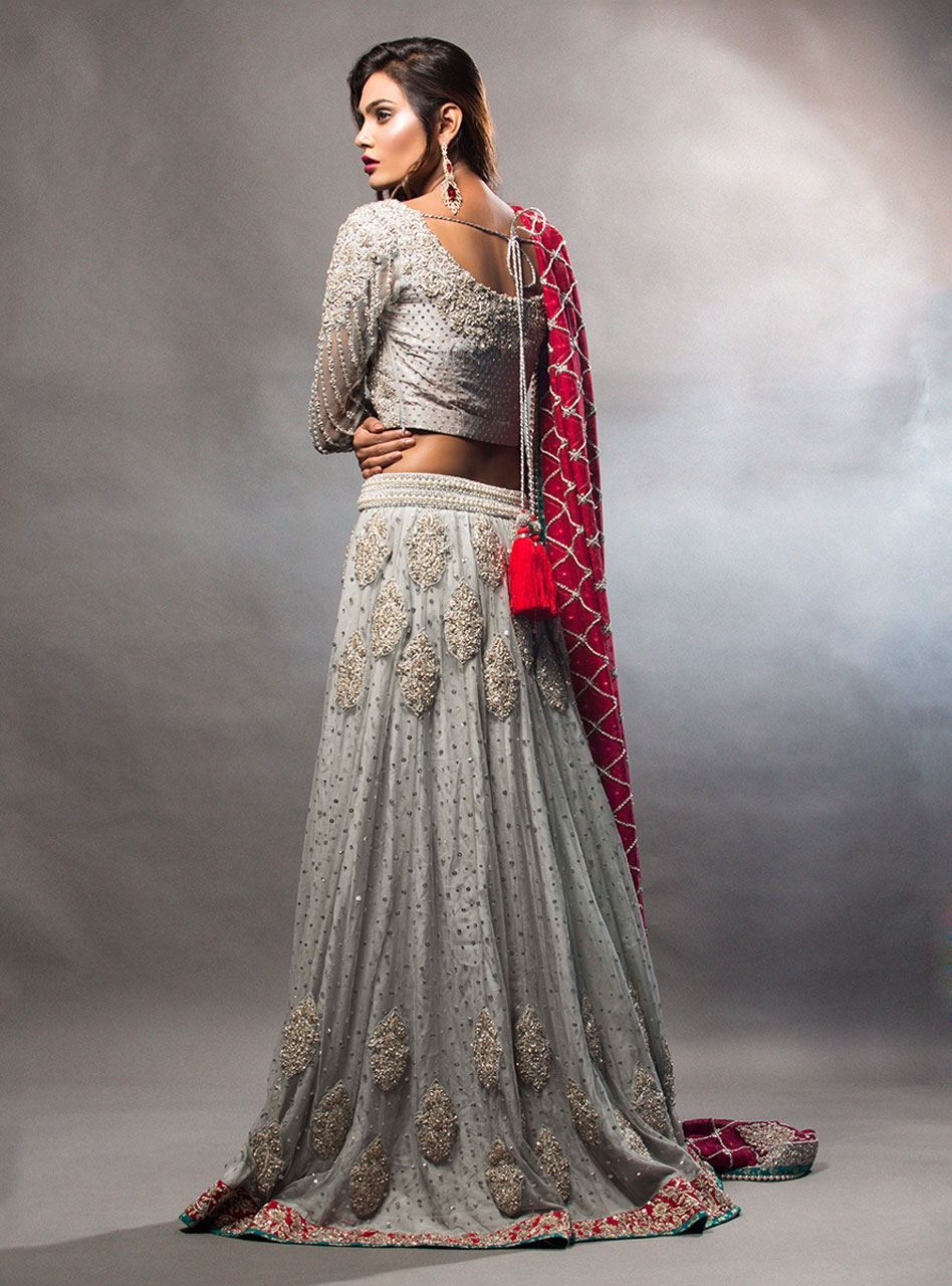 Pakistani Ash Grey Embellished Net Lehenga Choli (3-Piece) - Image 3