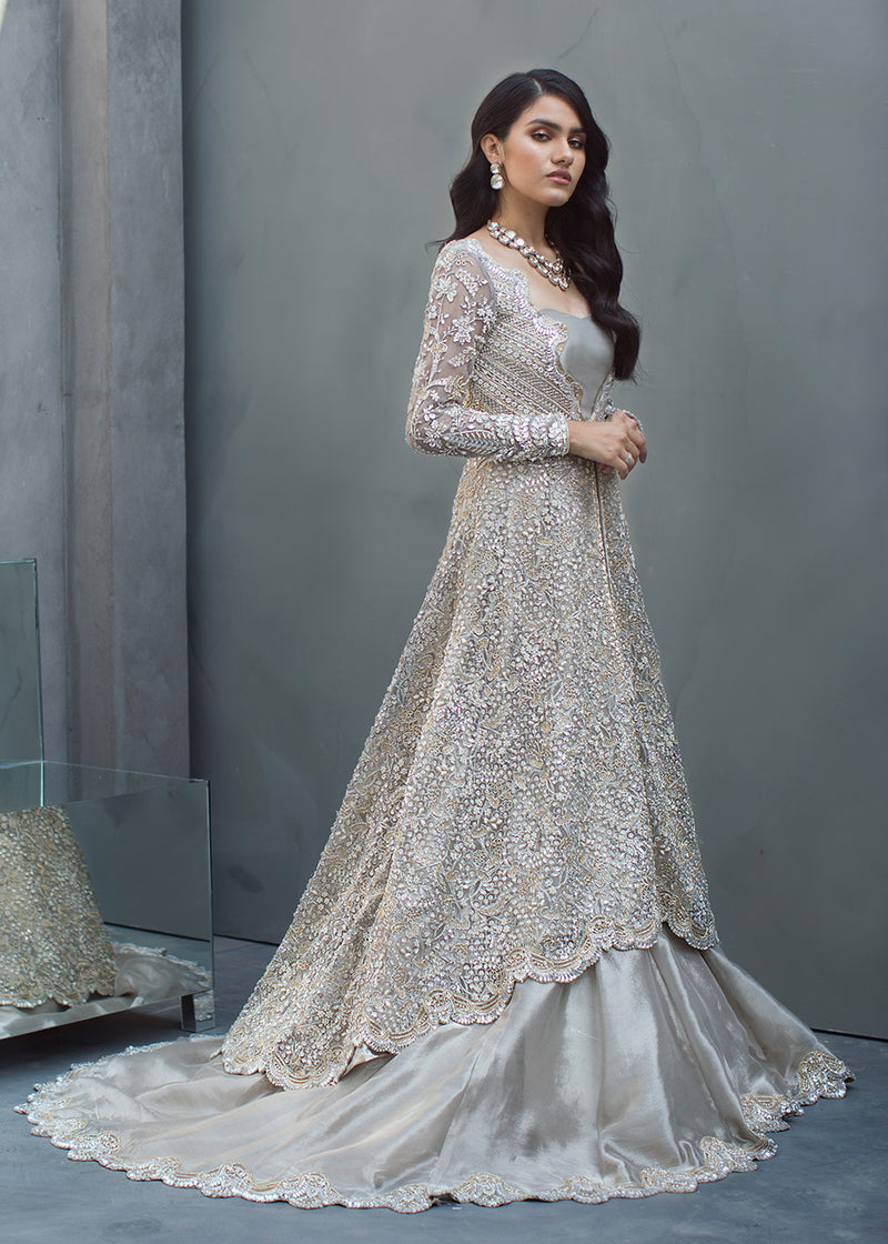 Indian Soft Grey Embellished Net & Tissue Mermaid Lehnga (3-Piece) - Image 1