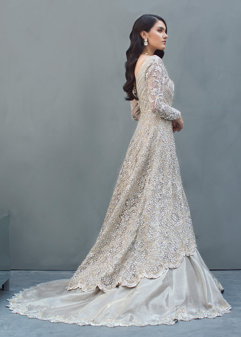 Indian Soft Grey Embellished Net & Tissue Mermaid Lehnga (3-Piece) - Image 2