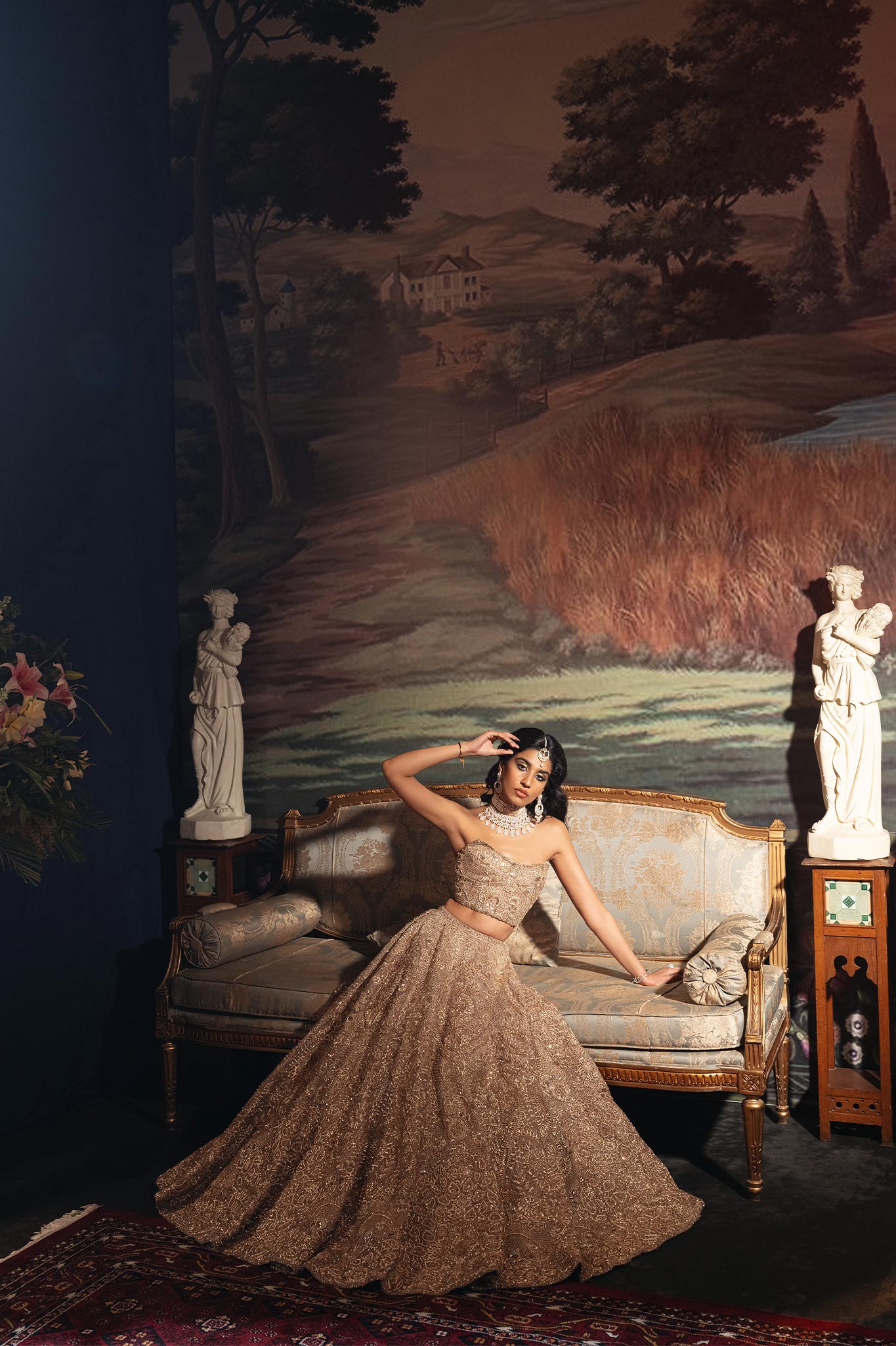 Mouse Zardozi Embroidered Net Bridal Lehenga Choli (3-Piece) - Image 3