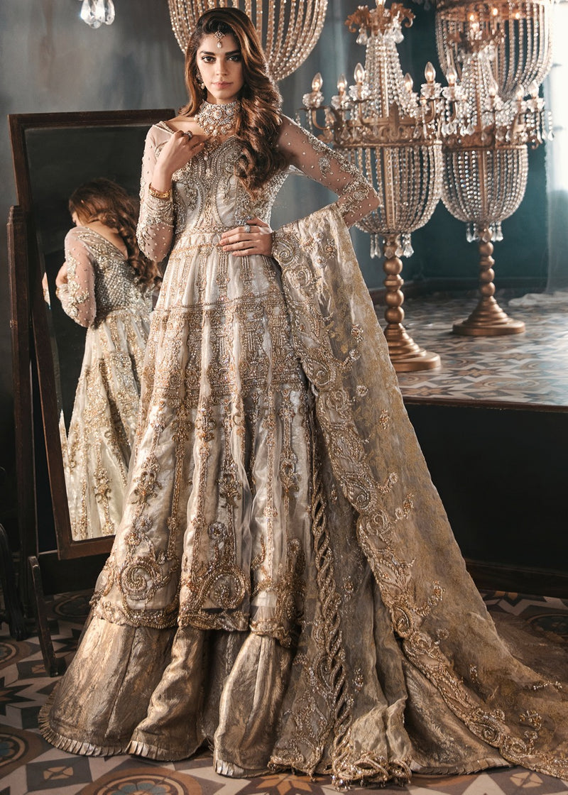 Soft Grey Embroidered Net & Tissue Bridal Lehenga (3-Piece) - Image 1