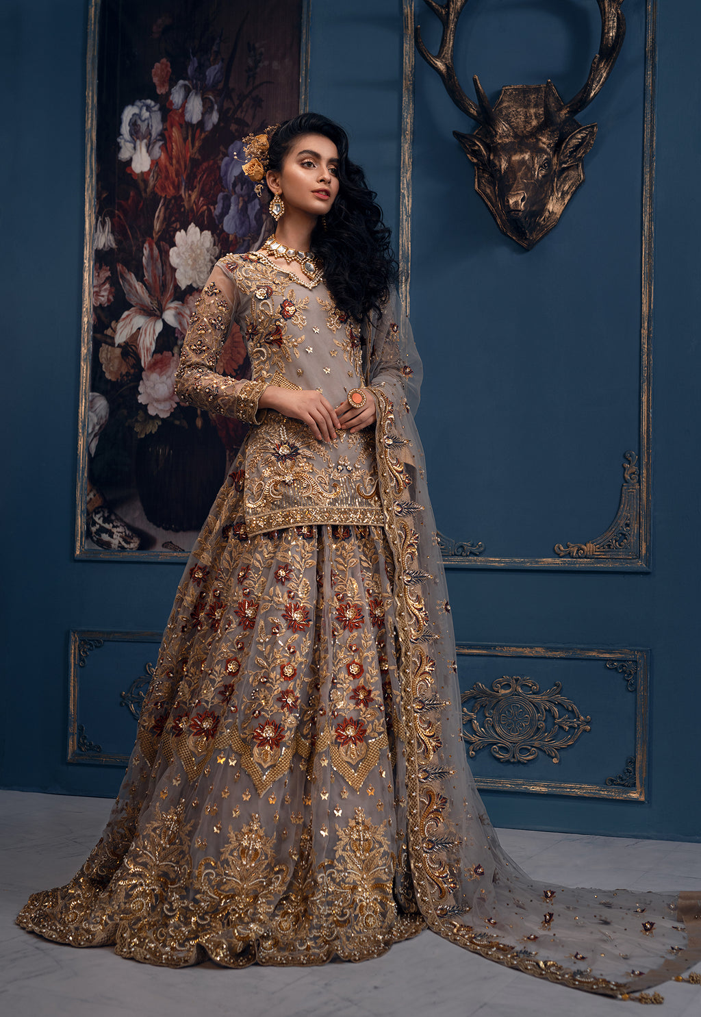 Grey Hand-Embellished Net Bridal Lehenga (3-Piece) - Image 1
