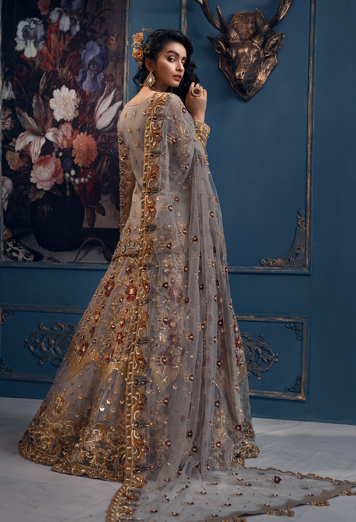 Grey Hand-Embellished Net Bridal Lehenga (3-Piece) - Image 5