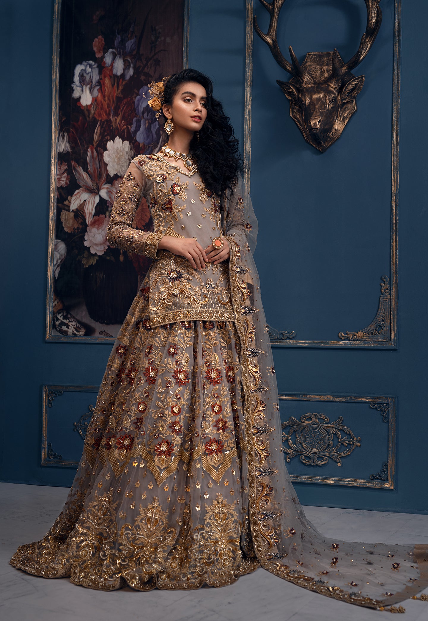 Grey Hand-Embellished Net Bridal Lehenga (3-Piece) - Image 6