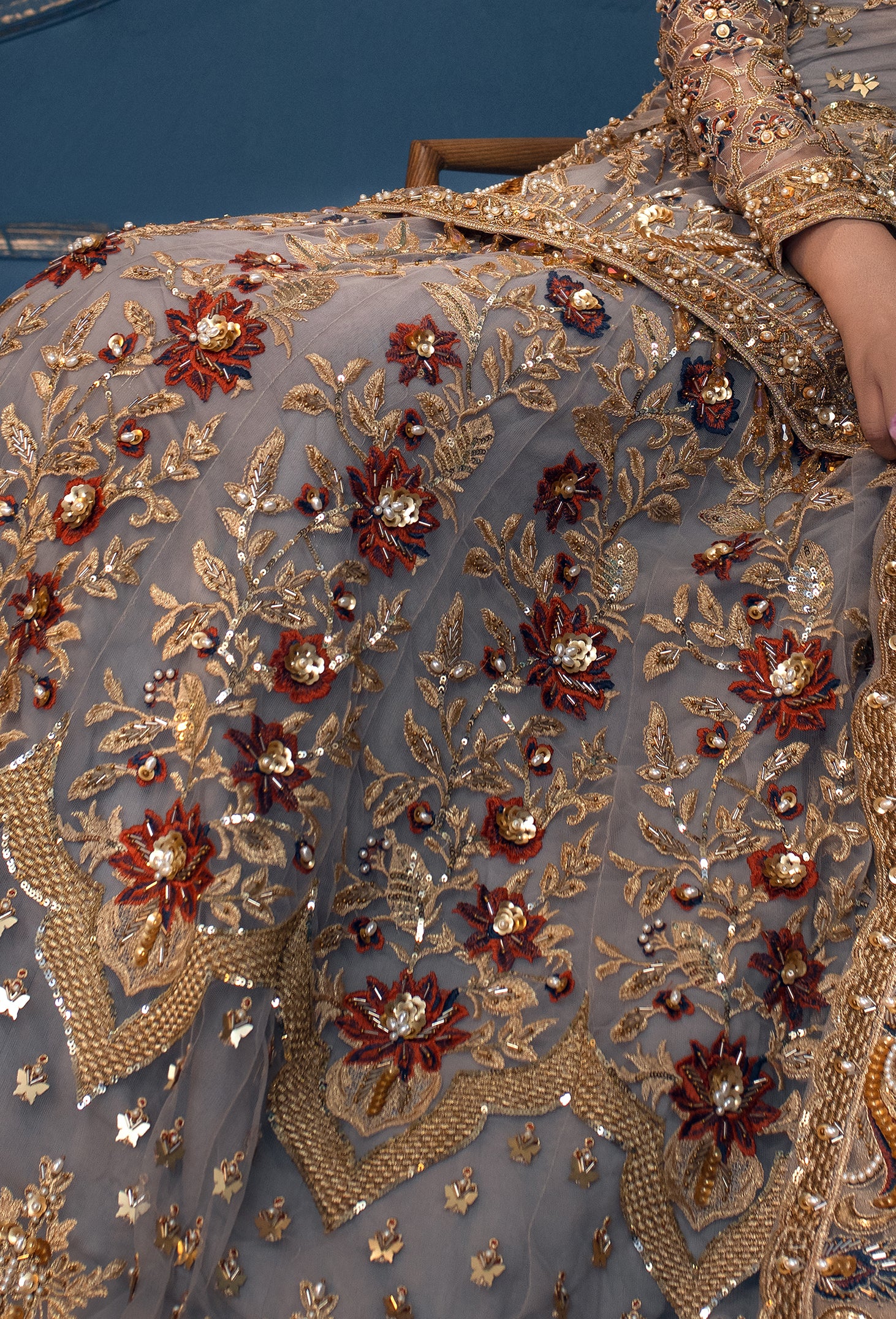 Grey Hand-Embellished Net Bridal Lehenga (3-Piece) - Image 7
