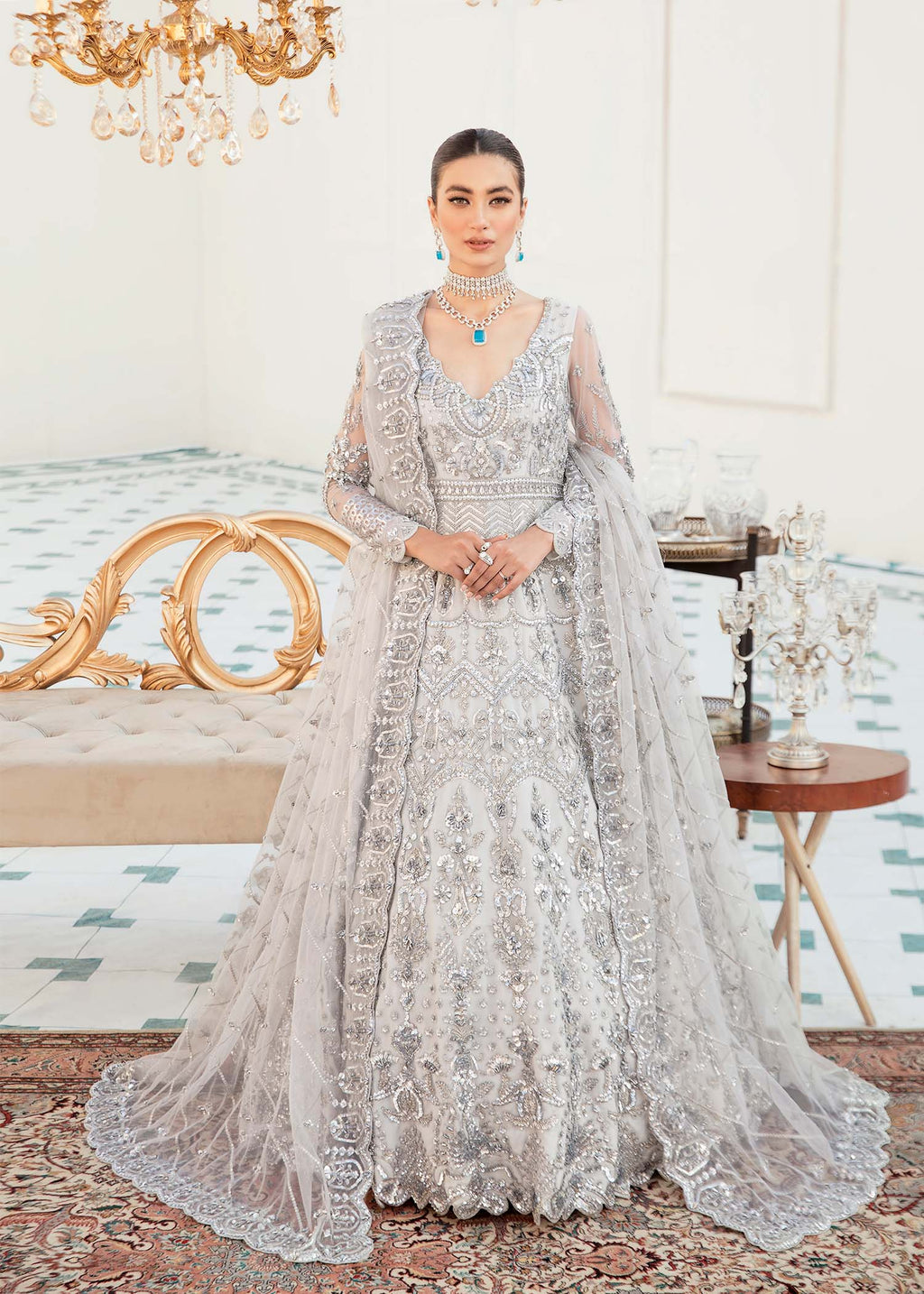 Pakistani Slate Grey Hand-Embellished Net Bridal Lehenga (3-Piece) - Image 1