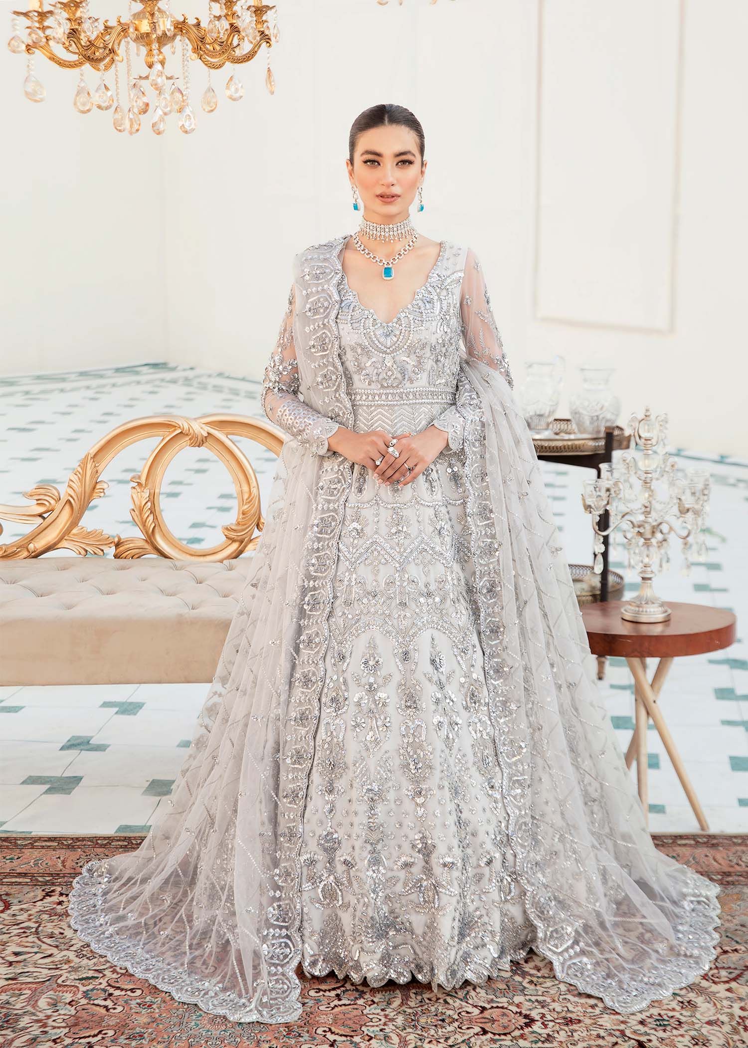 Pakistani Slate Grey Hand-Embellished Net Bridal Lehenga (3-Piece) - Image 2