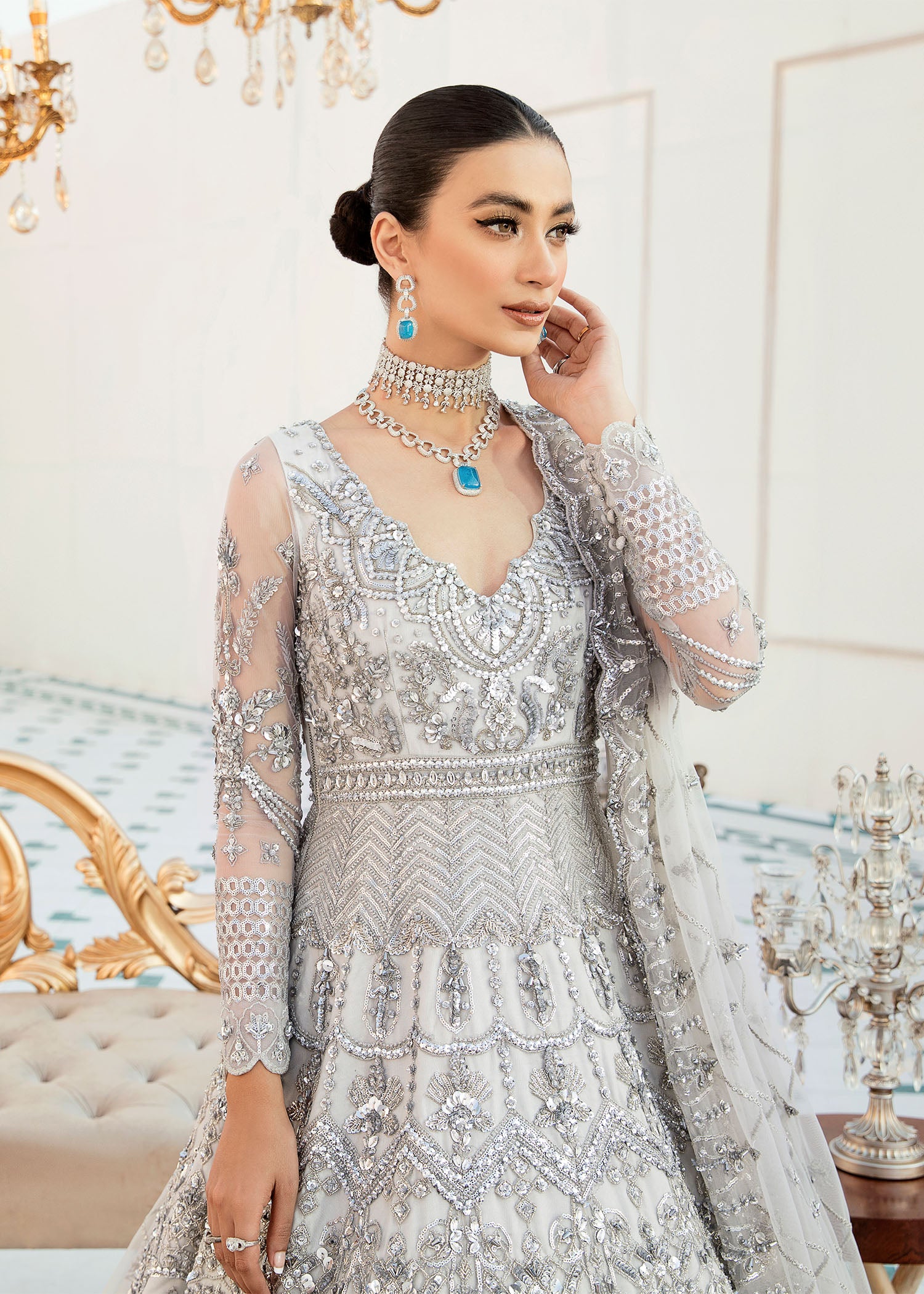 Pakistani Slate Grey Hand-Embellished Net Bridal Lehenga (3-Piece) - Image 3