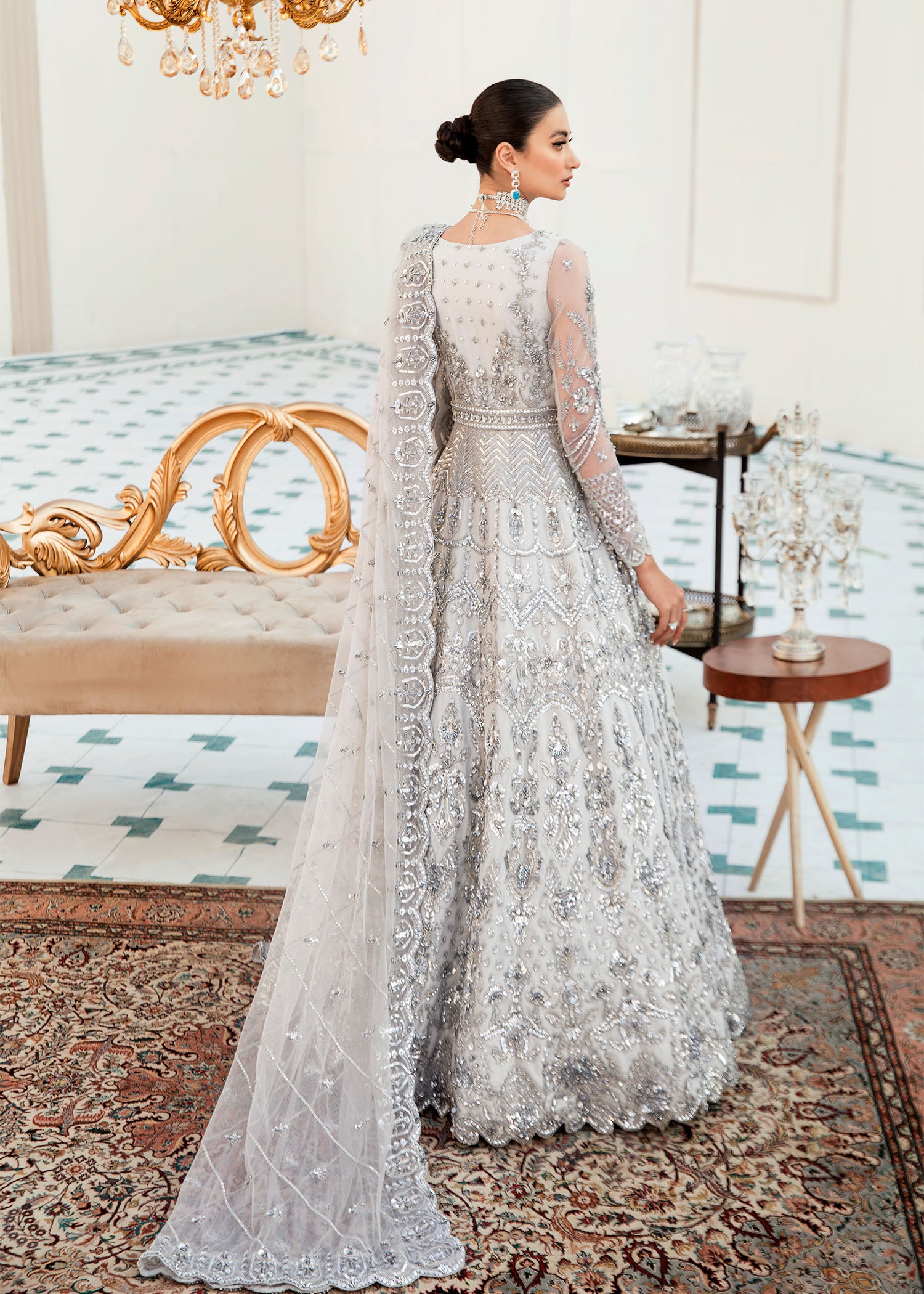 Pakistani Slate Grey Hand-Embellished Net Bridal Lehenga (3-Piece) - Image 6