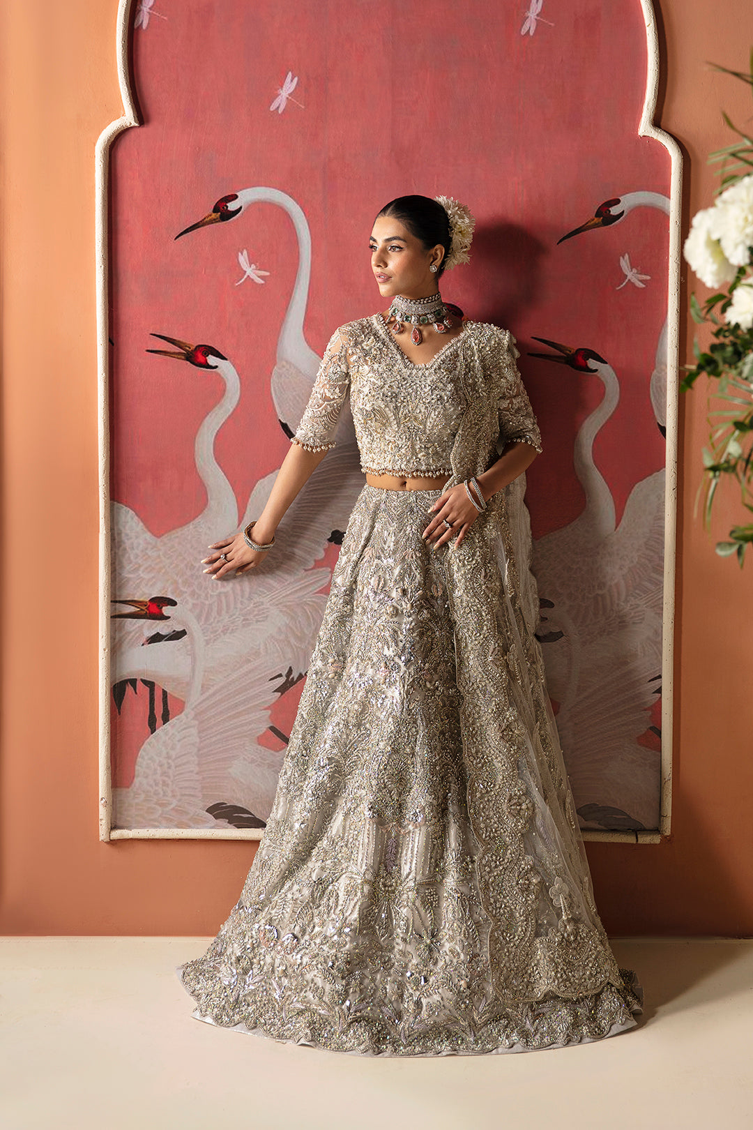 Moon Grey Embellished Net Bridal Lehenga (3-Piece) - Image 1