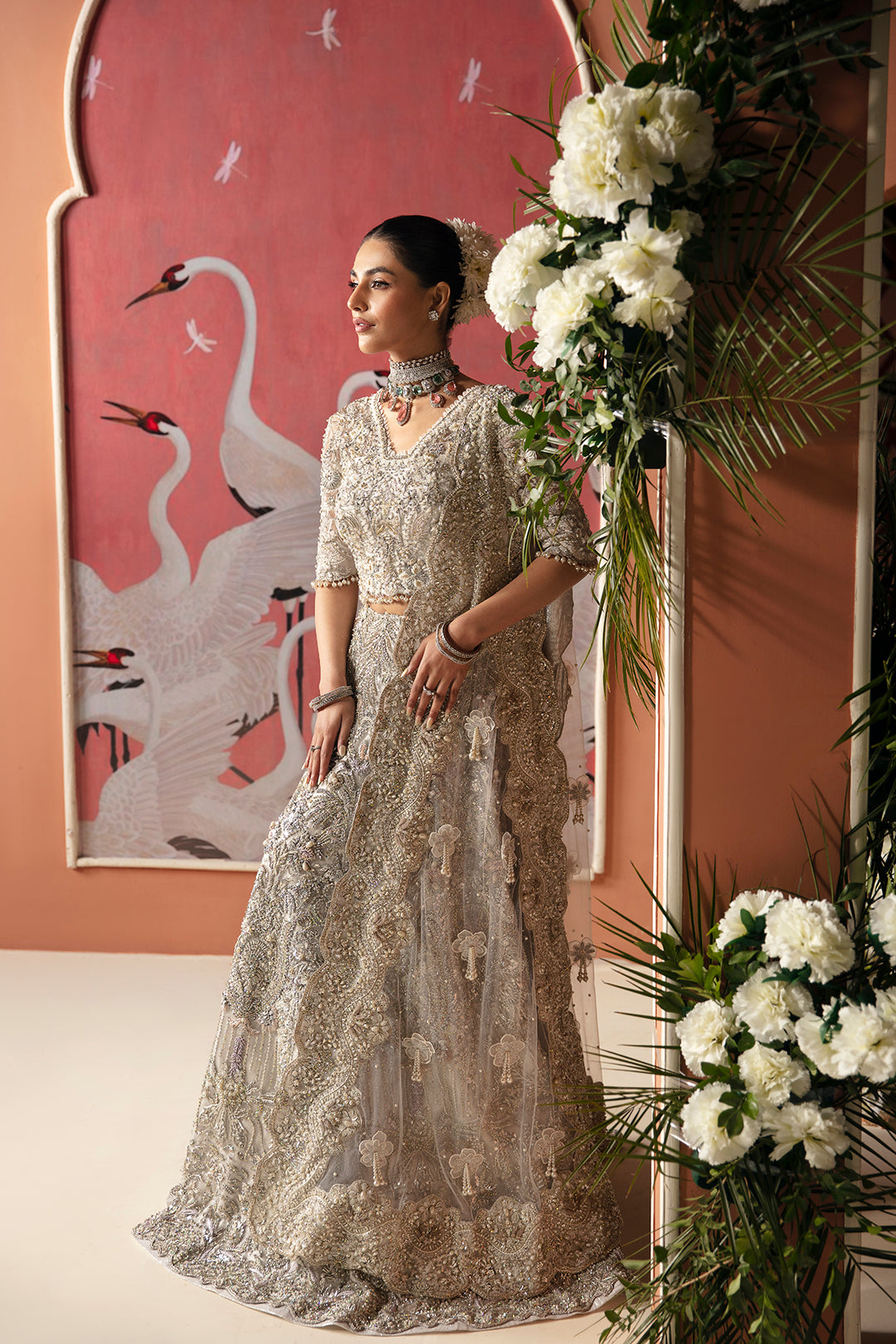 Moon Grey Embellished Net Bridal Lehenga (3-Piece) - Image 3