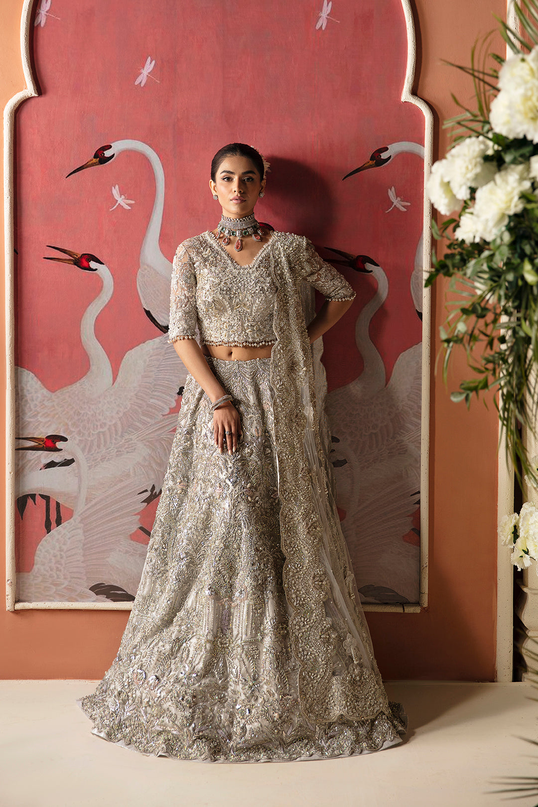 Moon Grey Embellished Net Bridal Lehenga (3-Piece) - Image 4