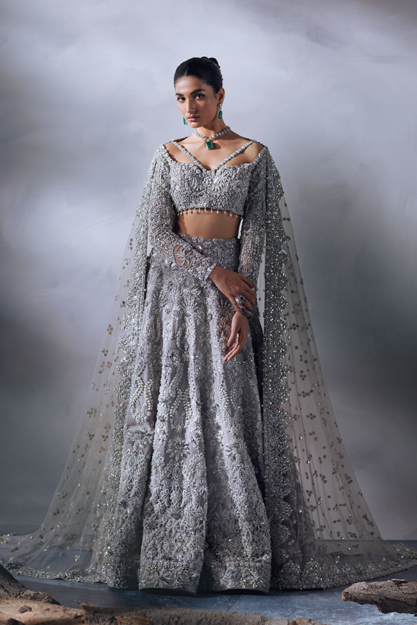 Grey 3D Embellished Organza Lehenga Choli (3-Piece) - Image 1