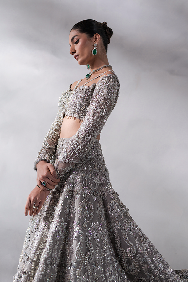 Grey 3D Embellished Organza Lehenga Choli (3-Piece) - Image 3
