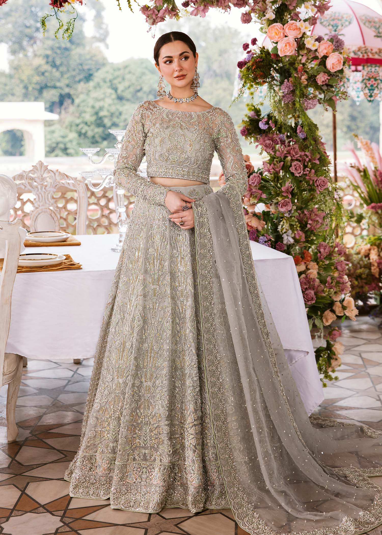 Grey Hand-Embellished Organza Lehenga (3-Piece) - Image 1