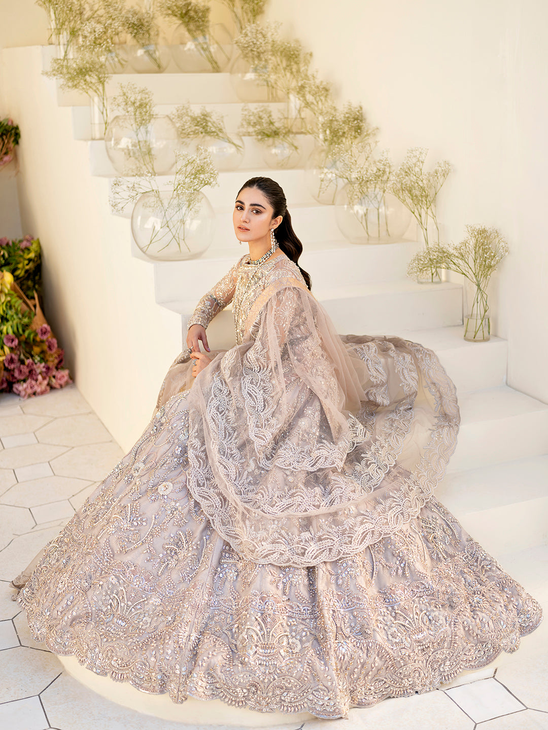 Moon Grey Embroidered Organza Short Shirt & Net Lehnga (3-Piece) - Image 2
