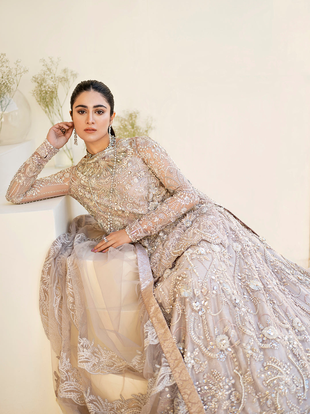 Moon Grey Embroidered Organza Short Shirt & Net Lehnga (3-Piece) - Image 4