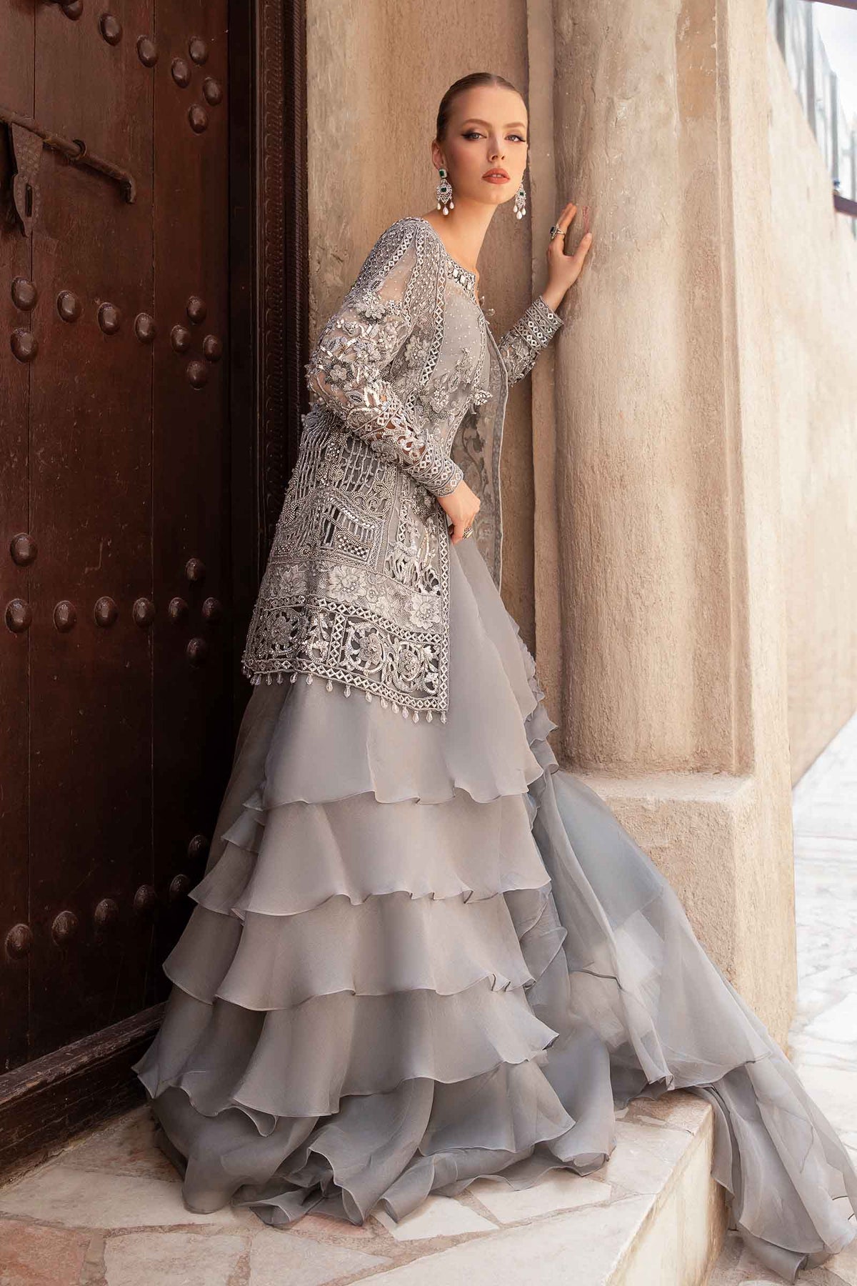Grey Hand-Embellished Pure Organza Lehenga (3-Piece) - Image 1