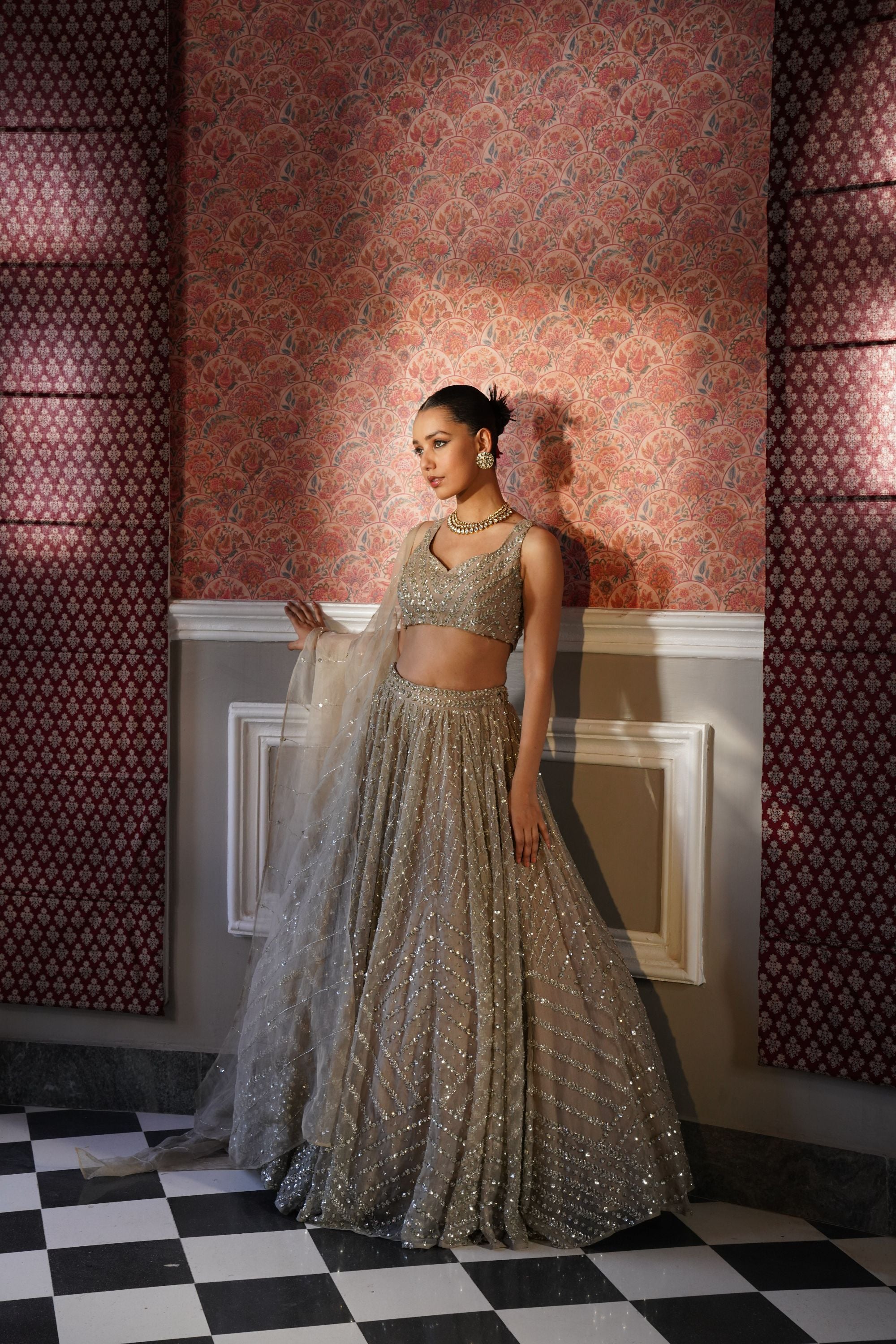 Indian Dark Grey Heavy Jaal Embroidered Organza Lehenga (3-Piece) - Image 1