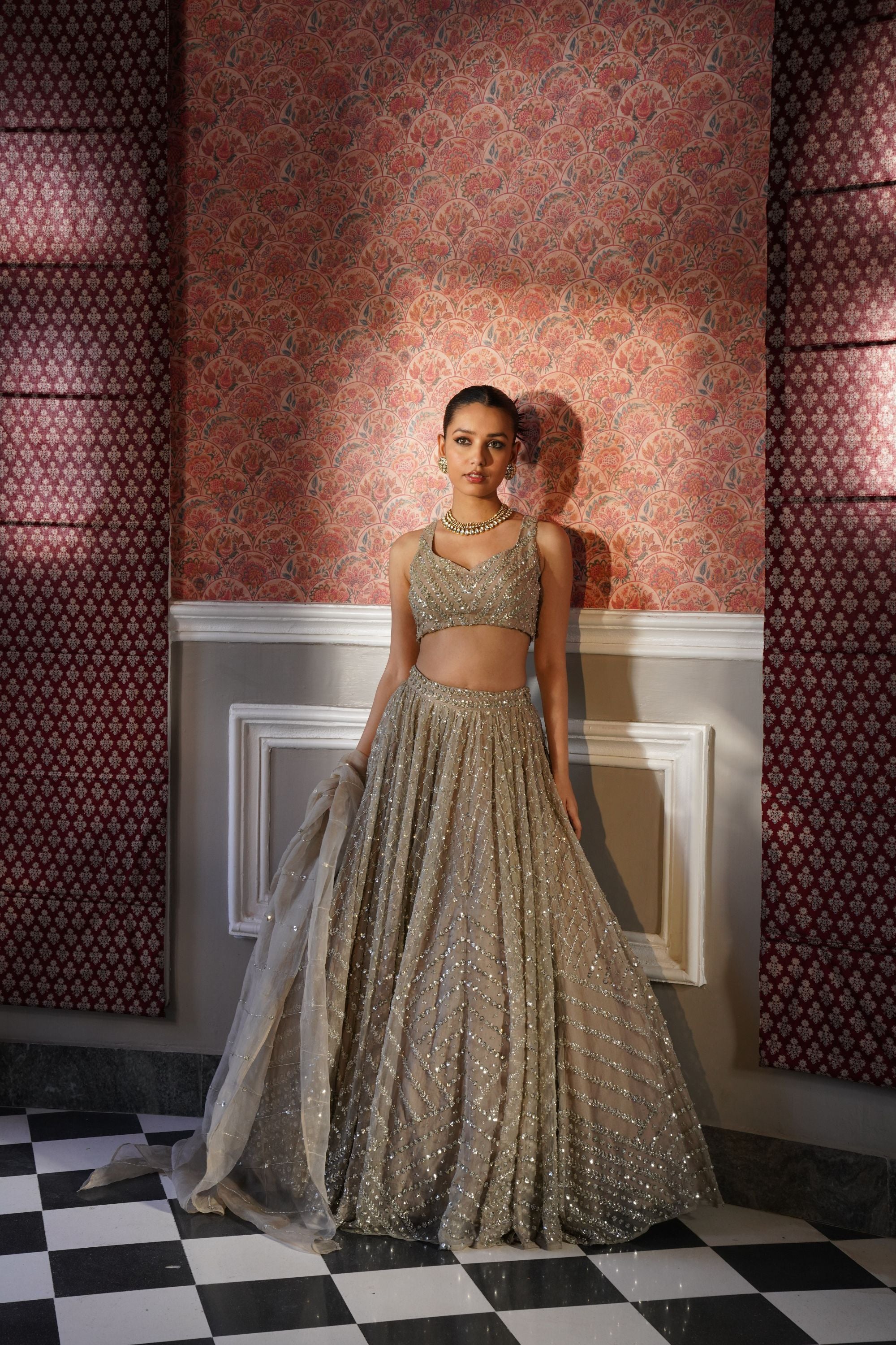Indian Dark Grey Heavy Jaal Embroidered Organza Lehenga (3-Piece) - Image 2