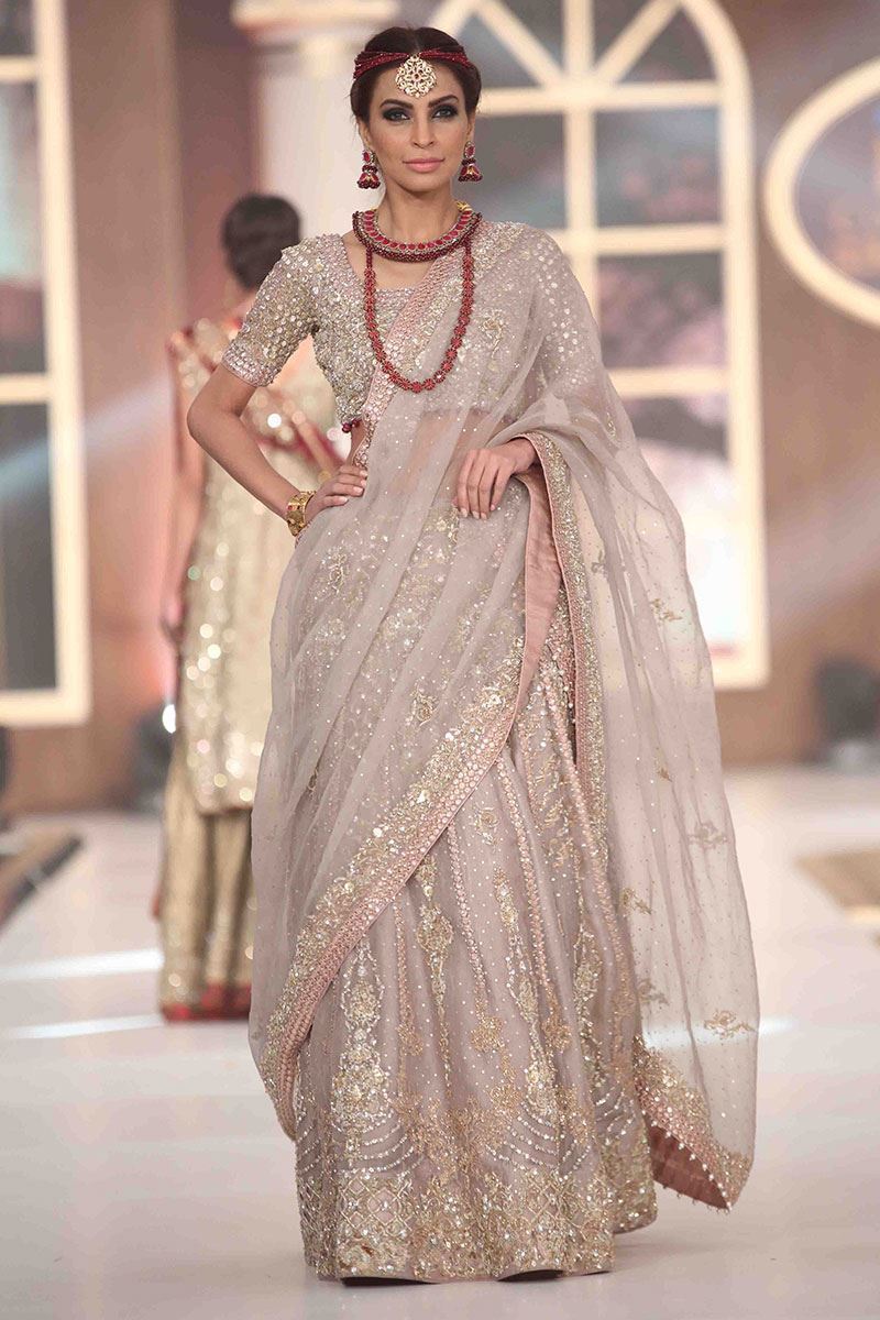 Pakistani Grey Embroidered Organza Bridal Lehenga (3-Piece) - Image 1