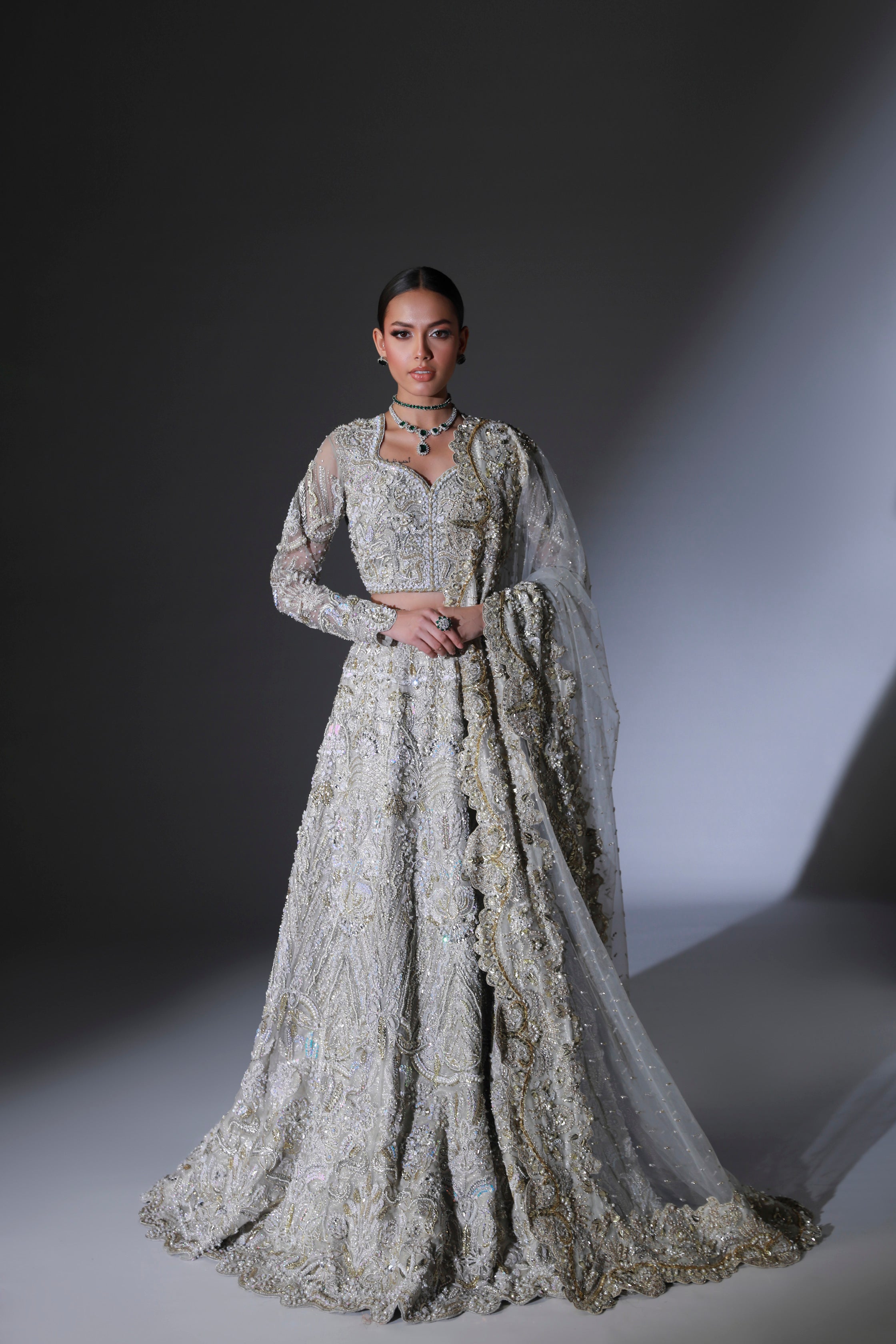 Pakistani Moon Grey Hand Embellished Organza Bridal Lehenga (3-Piece) - Image 1