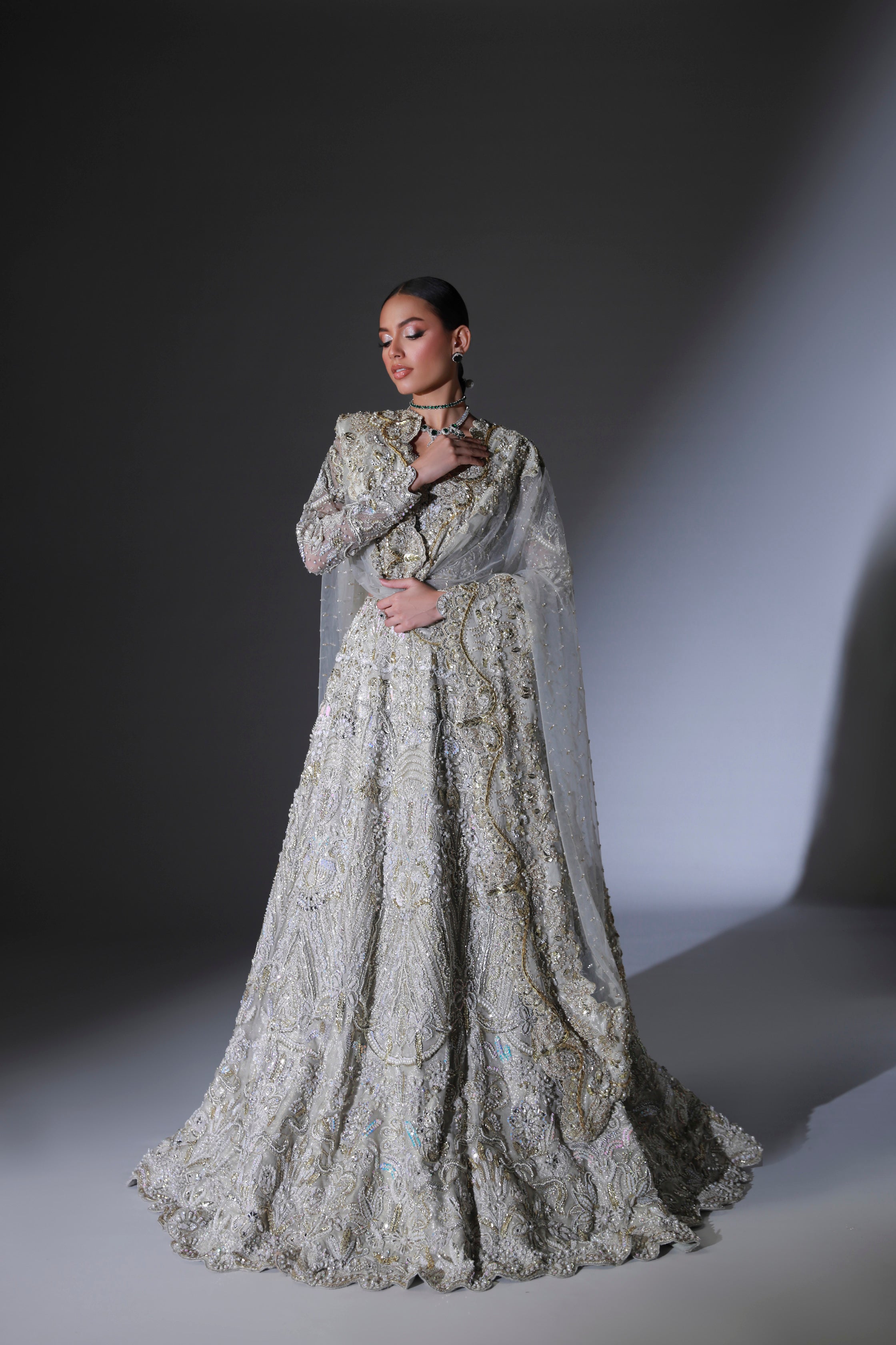 Pakistani Moon Grey Hand Embellished Organza Bridal Lehenga (3-Piece) - Image 10