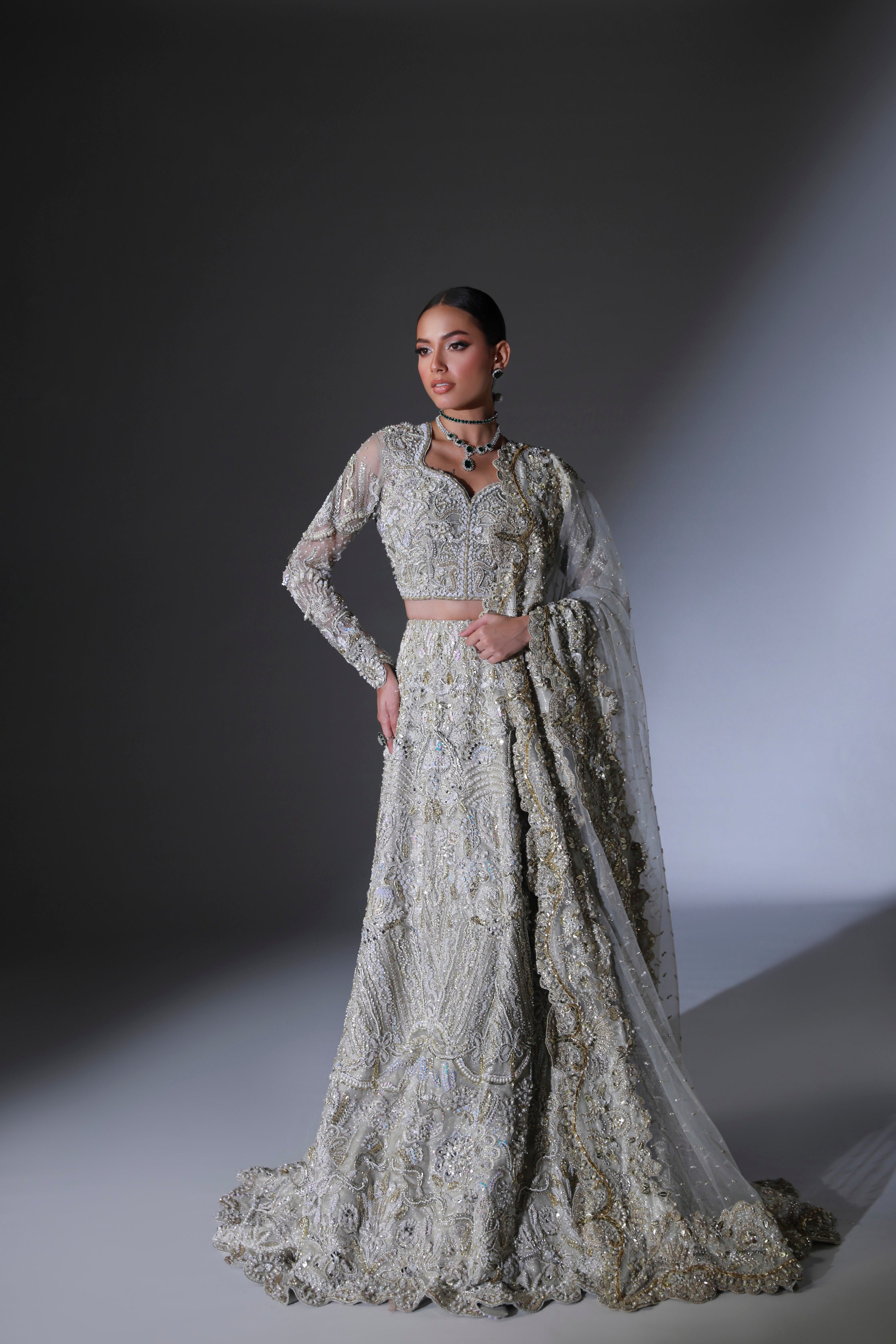 Pakistani Moon Grey Hand Embellished Organza Bridal Lehenga (3-Piece) - Image 11