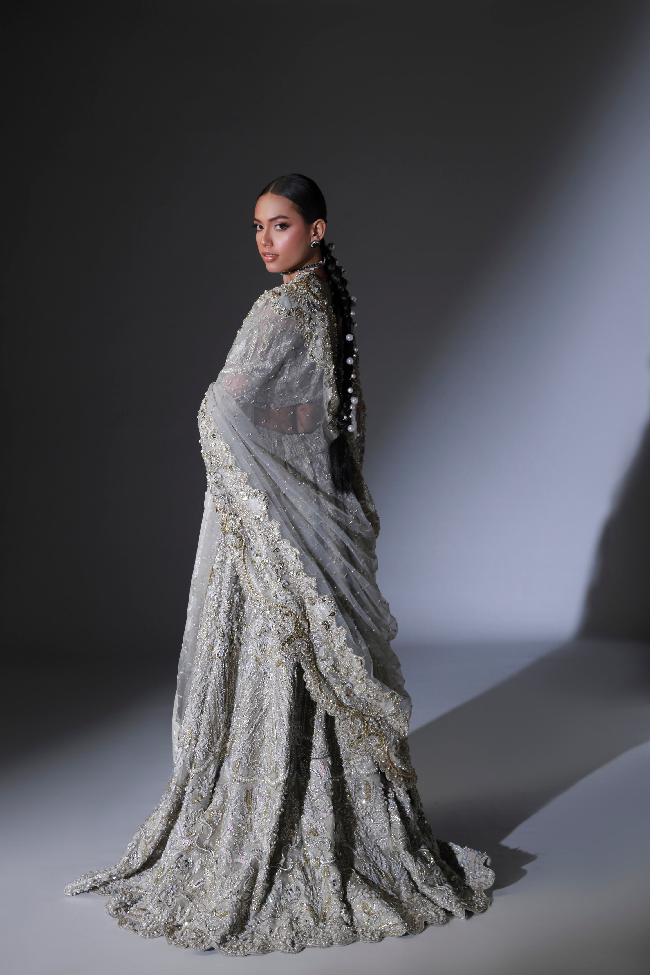 Pakistani Moon Grey Hand Embellished Organza Bridal Lehenga (3-Piece) - Image 12
