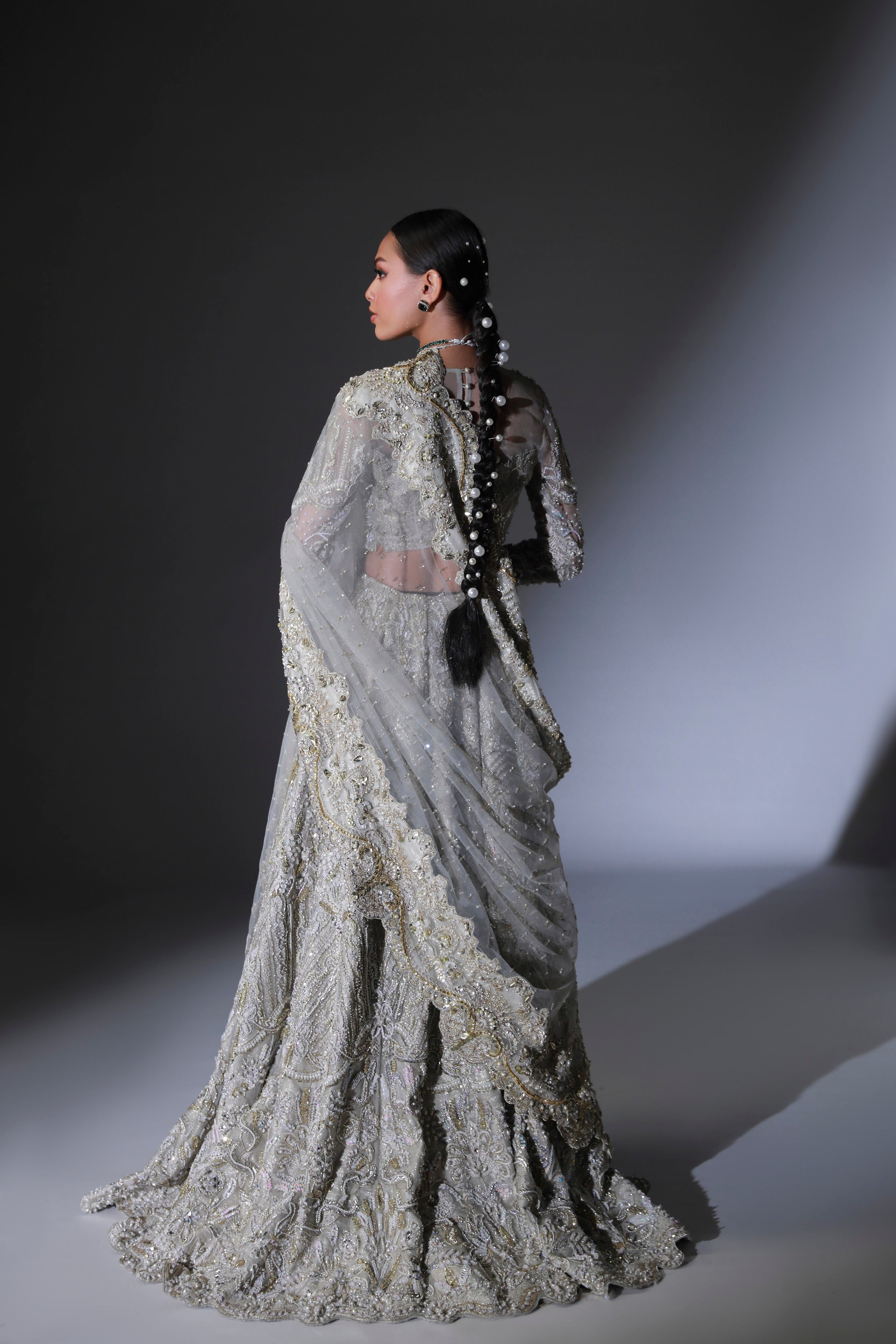 Pakistani Moon Grey Hand Embellished Organza Bridal Lehenga (3-Piece) - Image 13