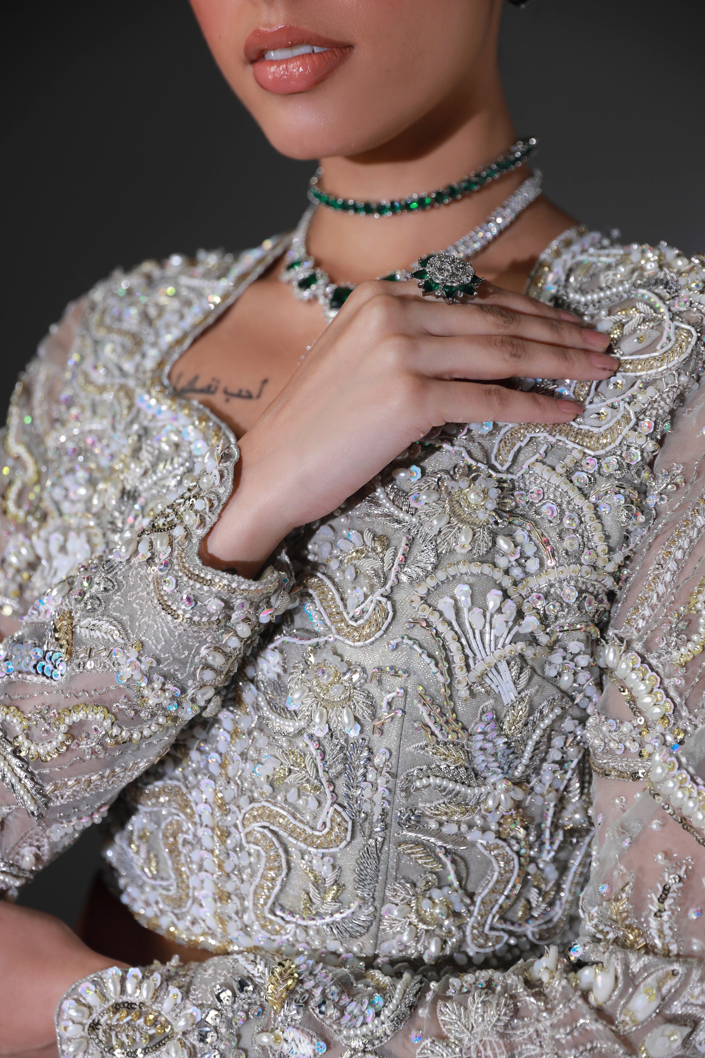 Pakistani Moon Grey Hand Embellished Organza Bridal Lehenga (3-Piece) - Image 4