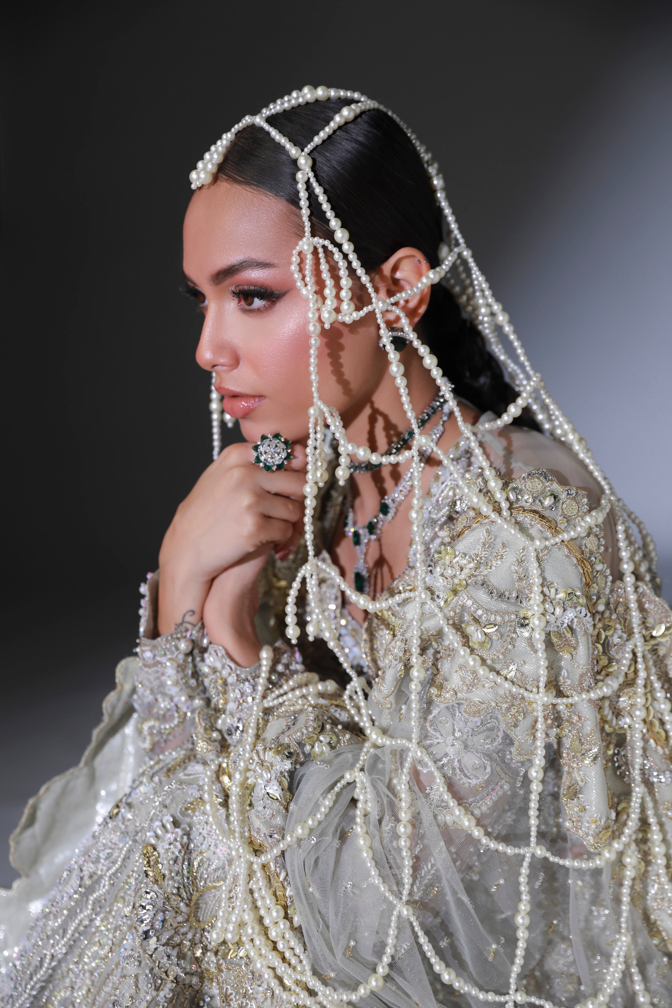 Pakistani Moon Grey Hand Embellished Organza Bridal Lehenga (3-Piece) - Image 6