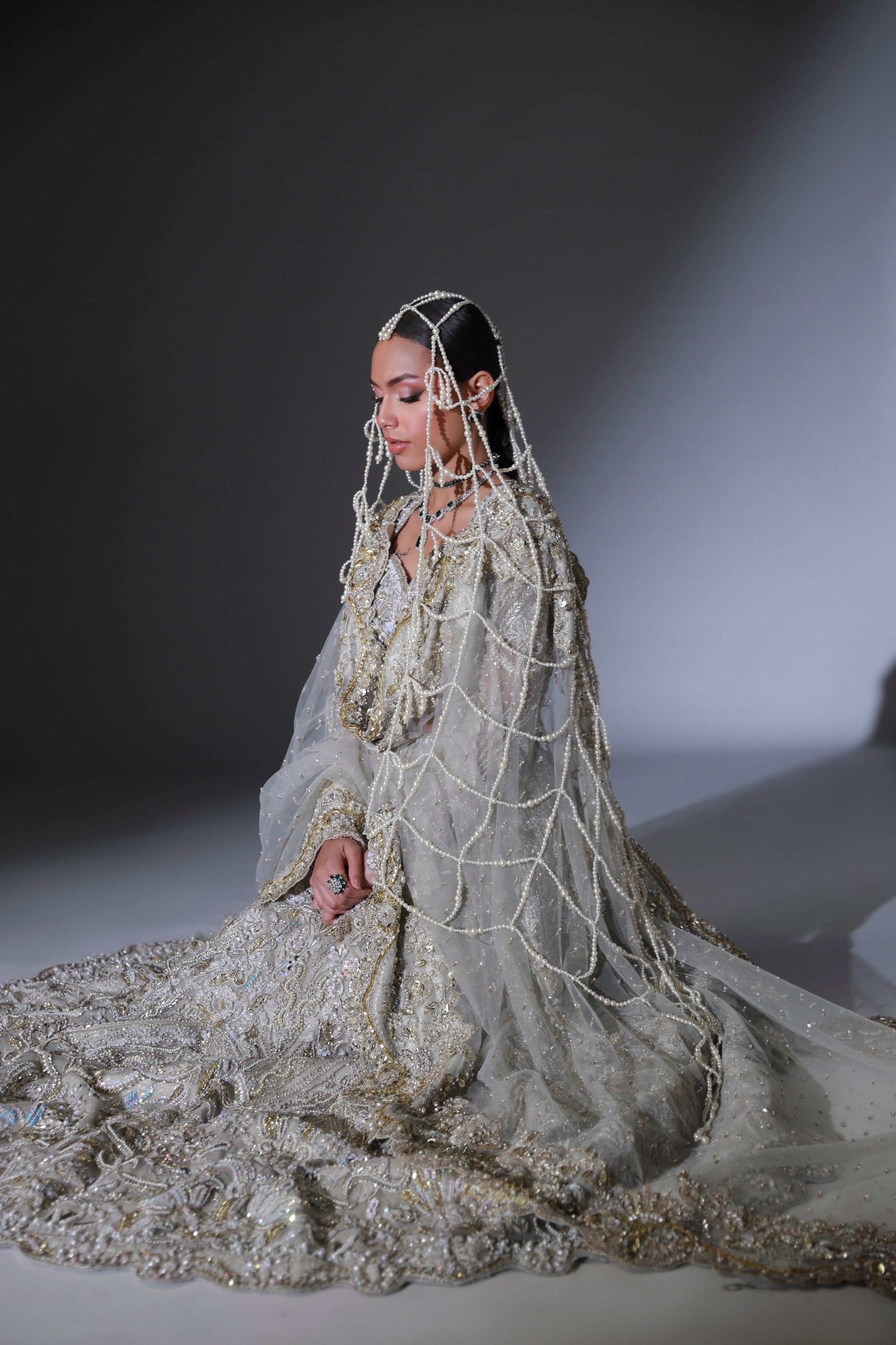 Pakistani Moon Grey Hand Embellished Organza Bridal Lehenga (3-Piece) - Image 7