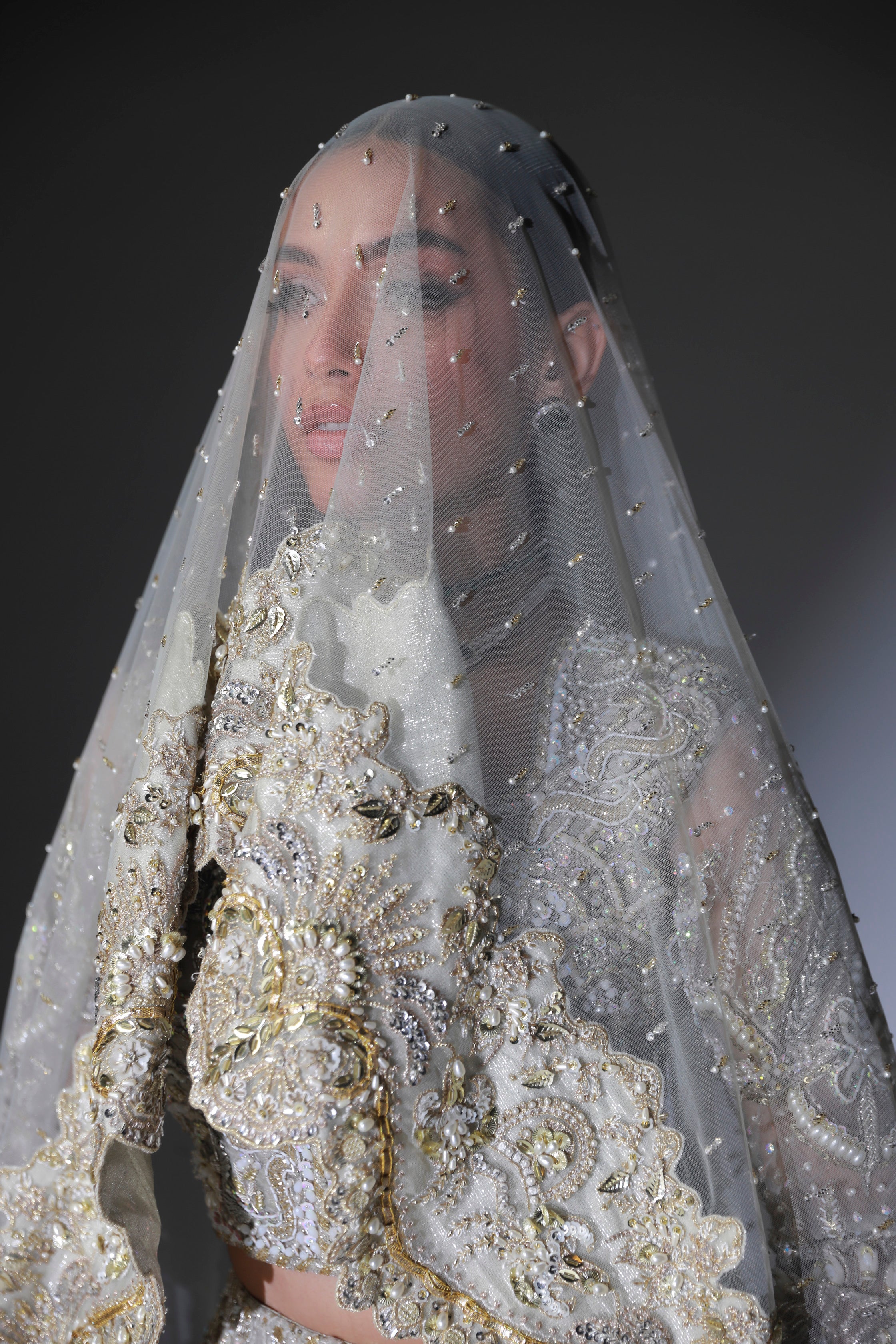 Pakistani Moon Grey Hand Embellished Organza Bridal Lehenga (3-Piece) - Image 9