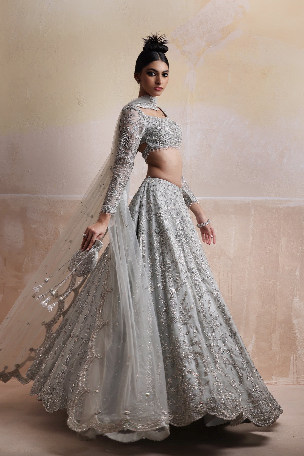 Ice Grey Hand-Embellished Organza & Net Lehenga Choli (3-Piece) - Image 2