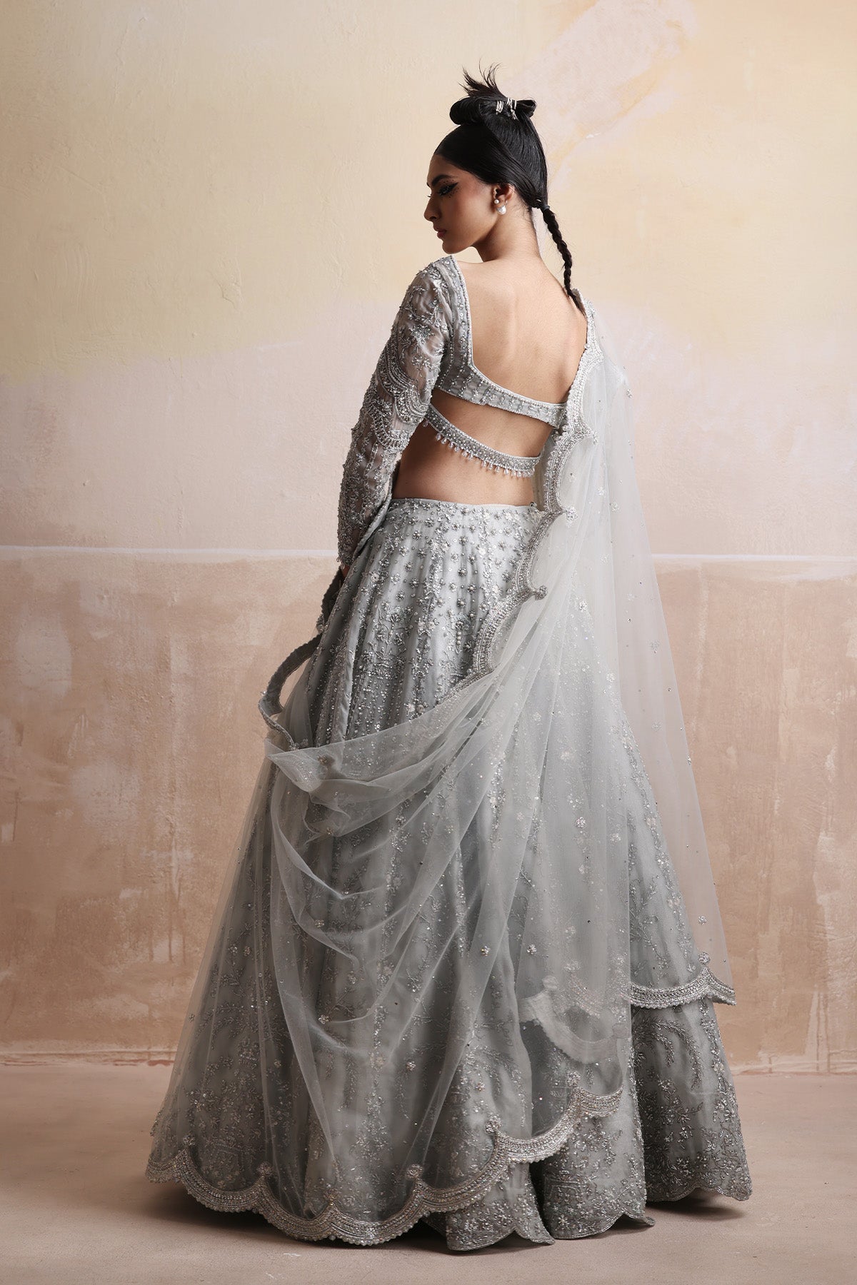 Ice Grey Hand-Embellished Organza & Net Lehenga Choli (3-Piece) - Image 3
