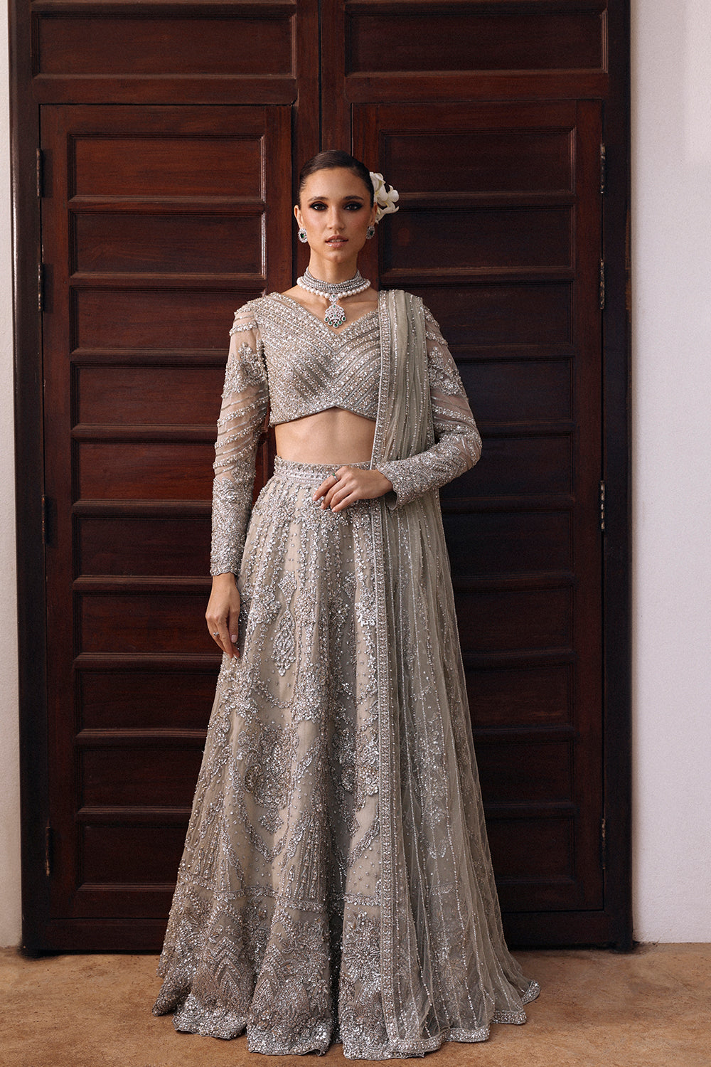 Grey Swarovski Embellished Net Organza Lehenga (3-Piece) - Image 1