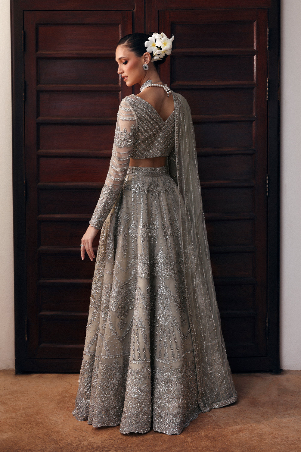 Grey Swarovski Embellished Net Organza Lehenga (3-Piece) - Image 2